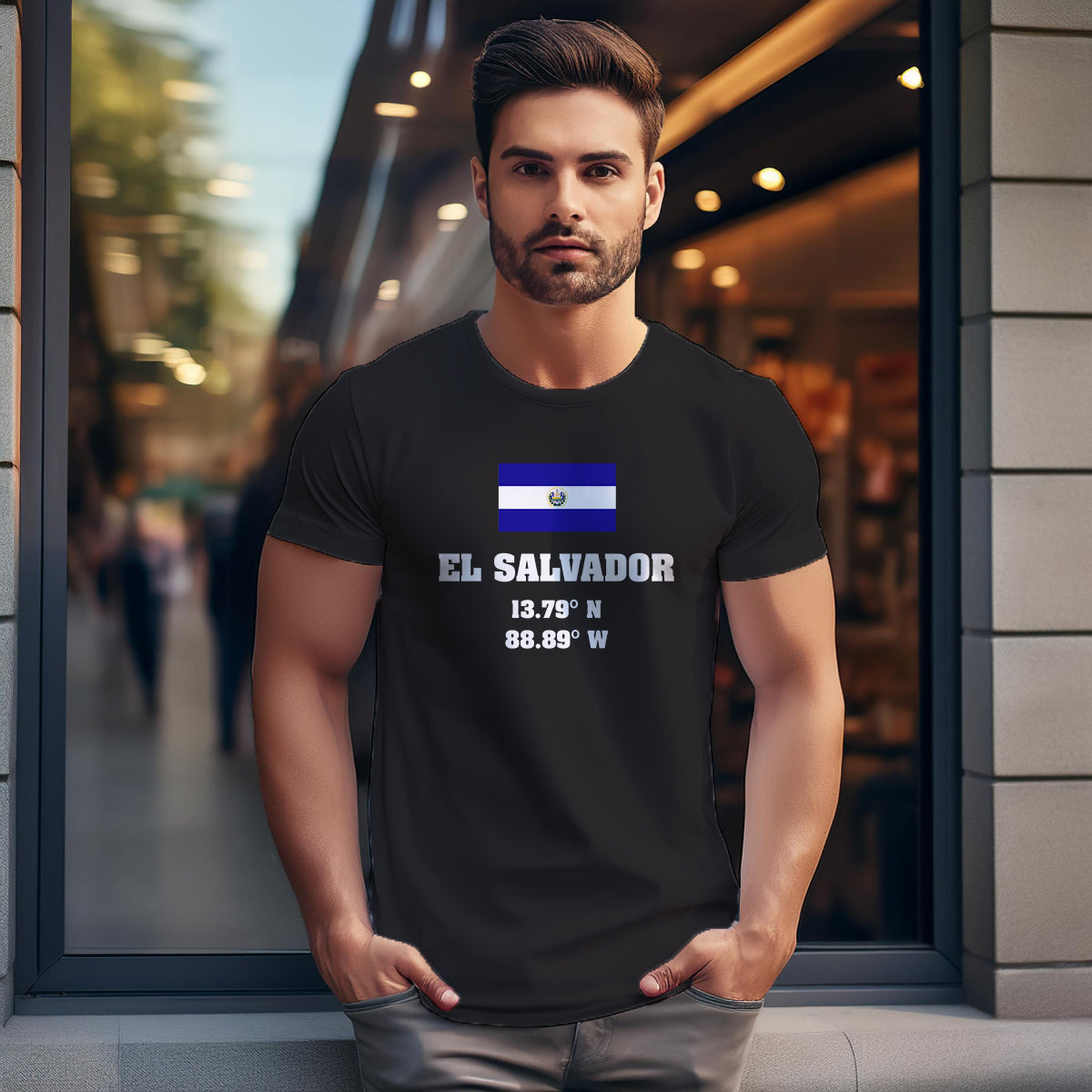 El Salvador Latitude Longitude (Black) Men Unisex T-Shirt | Latitude & Longitude Graphic