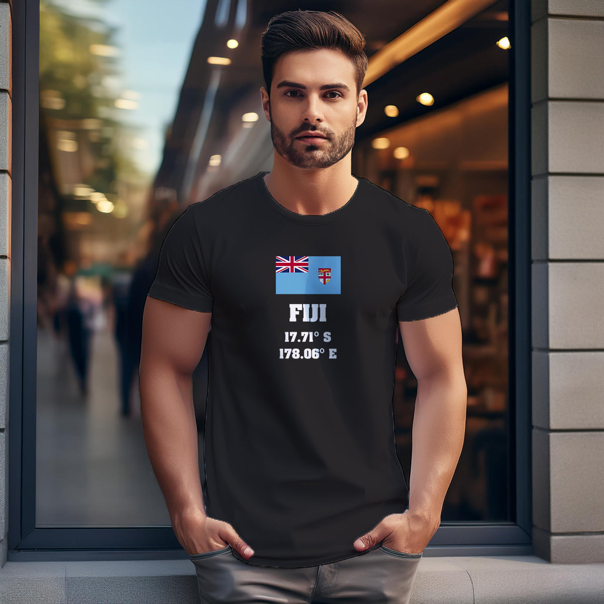 Fiji Latitude Longitude (Black) Men Unisex T-Shirt | Latitude & Longitude Graphic