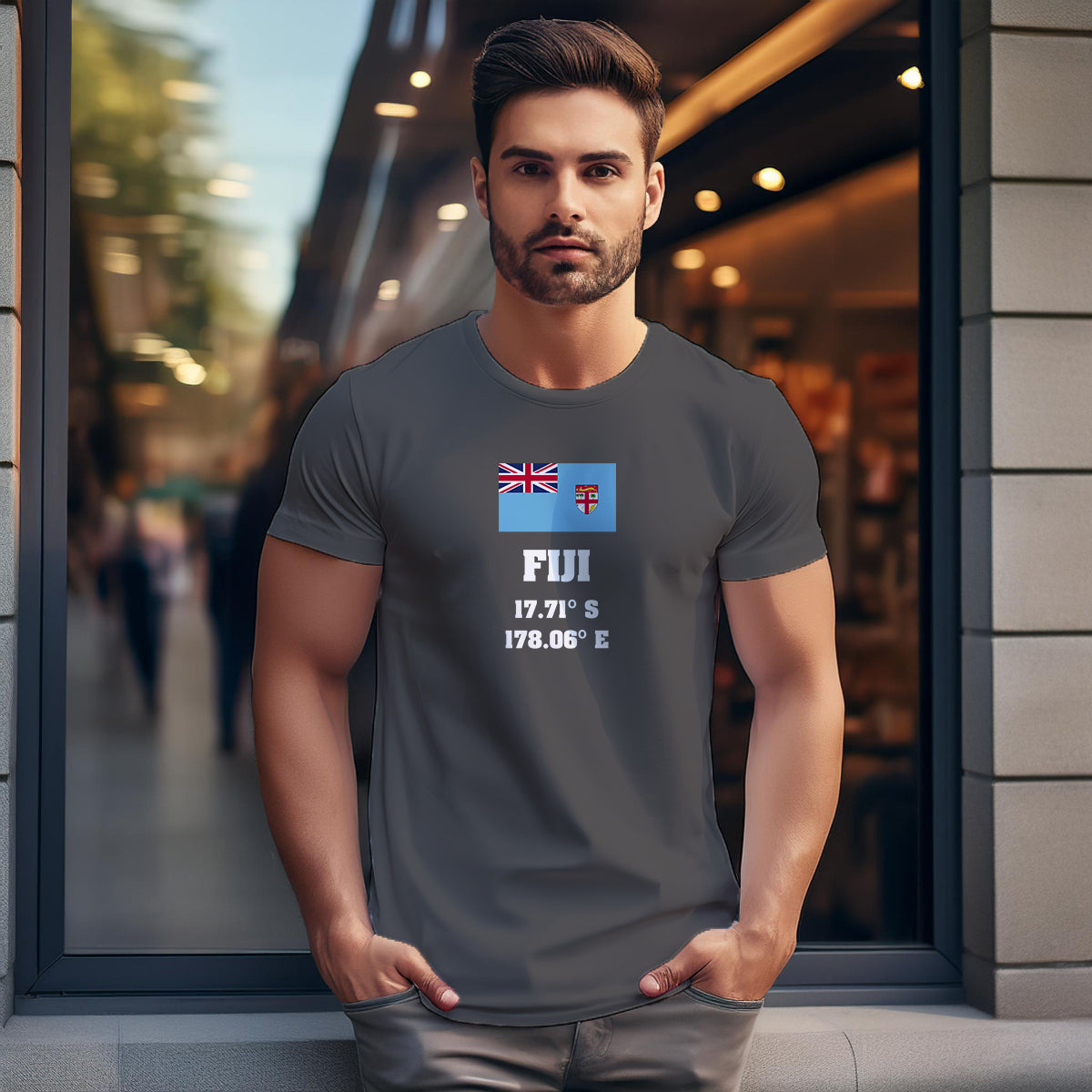 Fiji Latitude Longitude (Charcoal Grey) Men Unisex T-Shirt | Latitude & Longitude Graphic