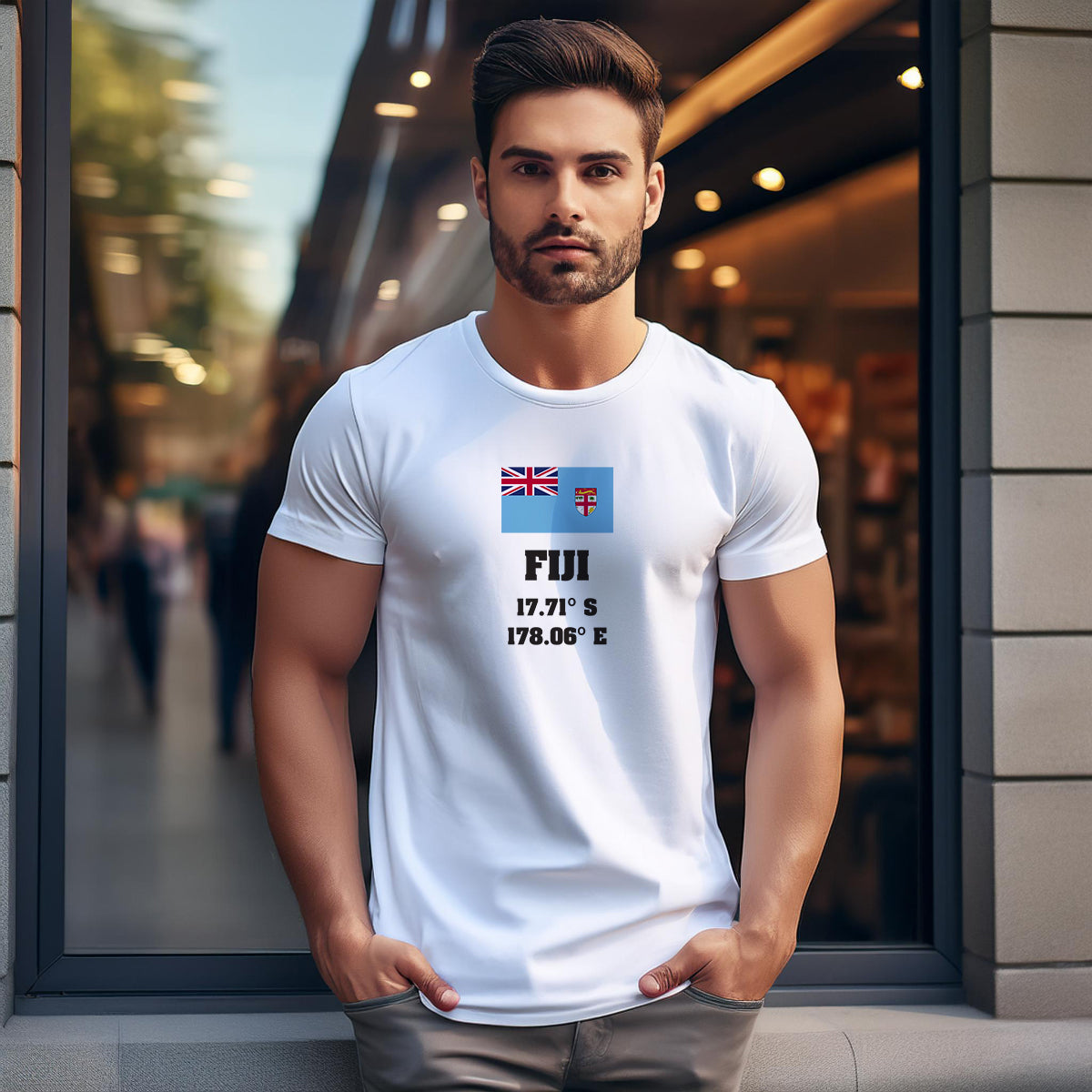 Fiji Latitude Longitude (White) Men Unisex T-Shirt | Latitude & Longitude Graphic