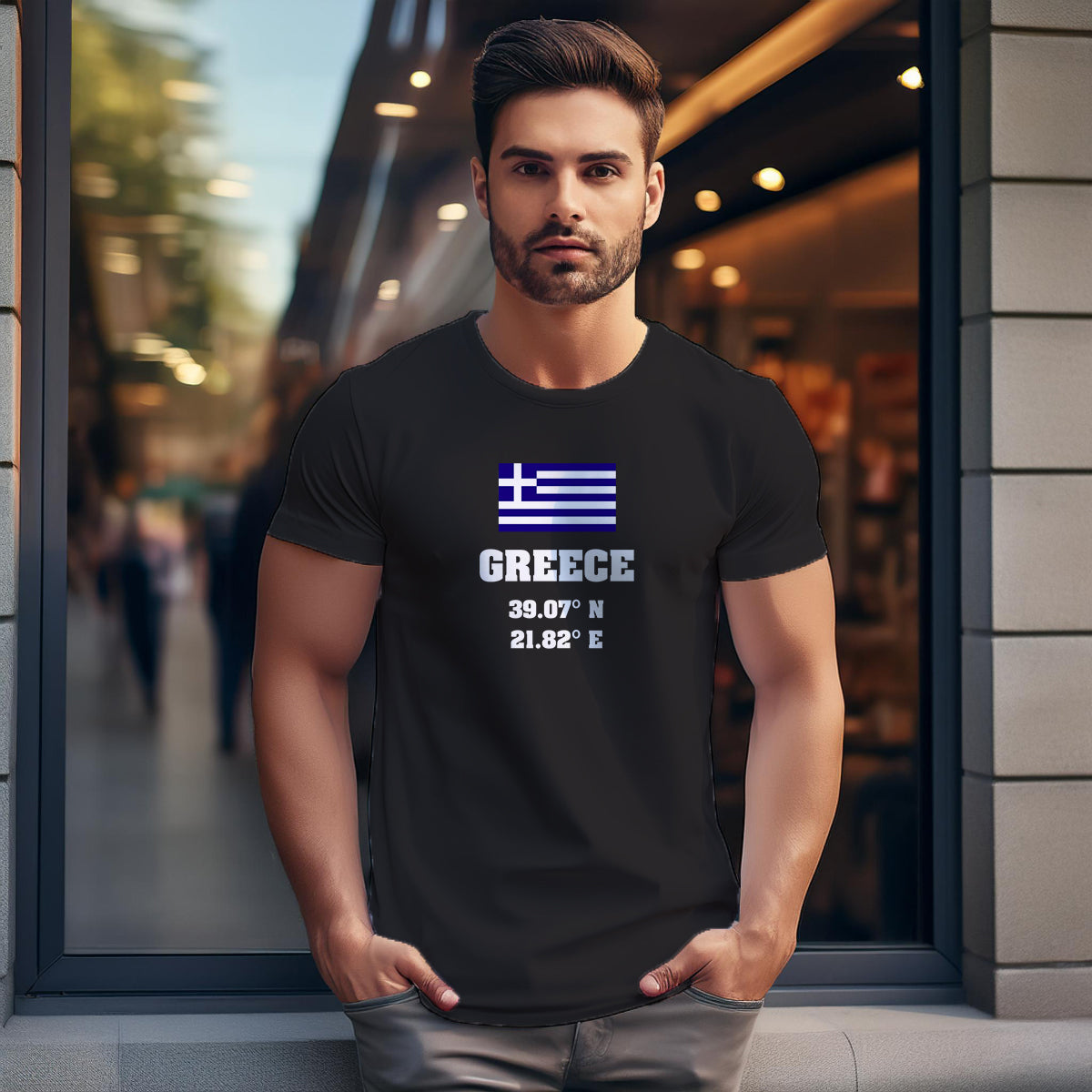 Greece Latitude Longitude (Black) Men Unisex T-Shirt | Latitude & Longitude Graphic