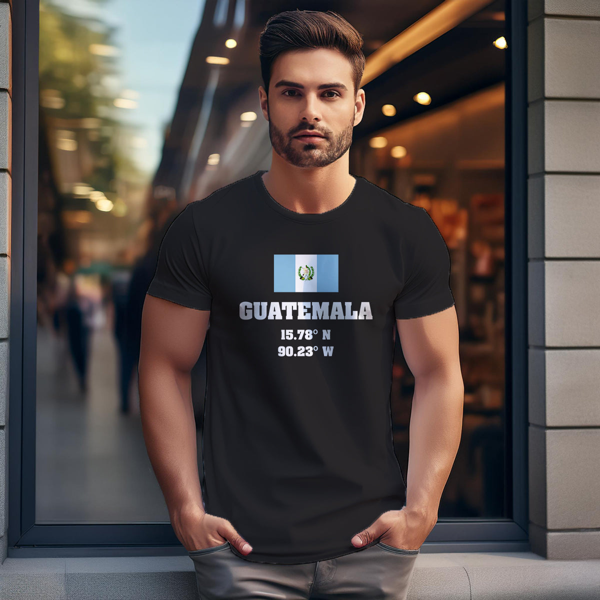 Guatemala Latitude Longitude (Black) Men Unisex T-Shirt | Latitude & Longitude Graphic