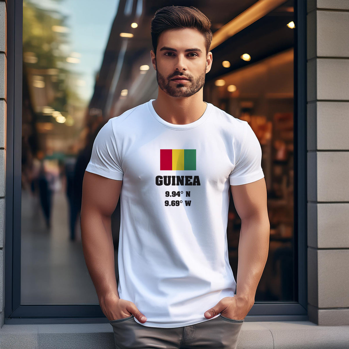 Guinea Latitude Longitude (White) Men Unisex T-Shirt | Latitude & Longitude Graphic