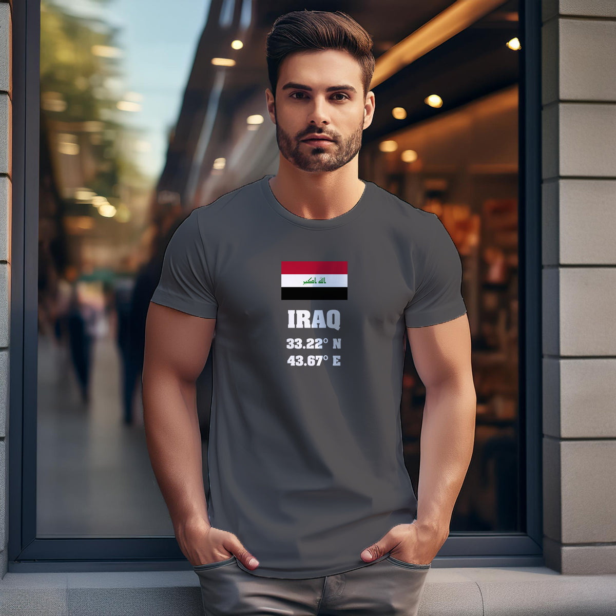 Iraq Latitude Longitude (Charcoal Grey) Men Unisex T-Shirt | Latitude & Longitude Graphic