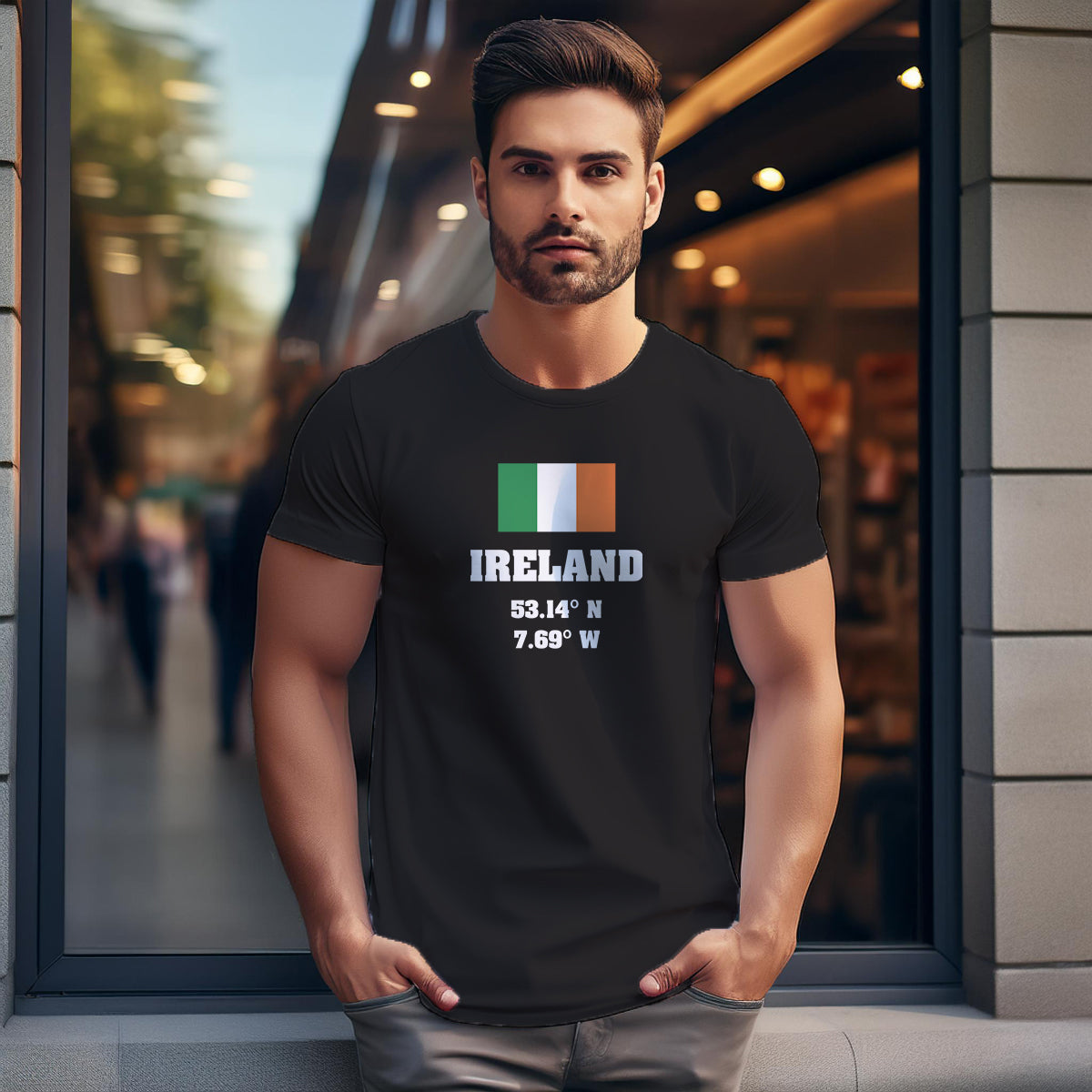 Ireland Latitude Longitude (Black) Men Unisex T-Shirt | Latitude & Longitude Graphic