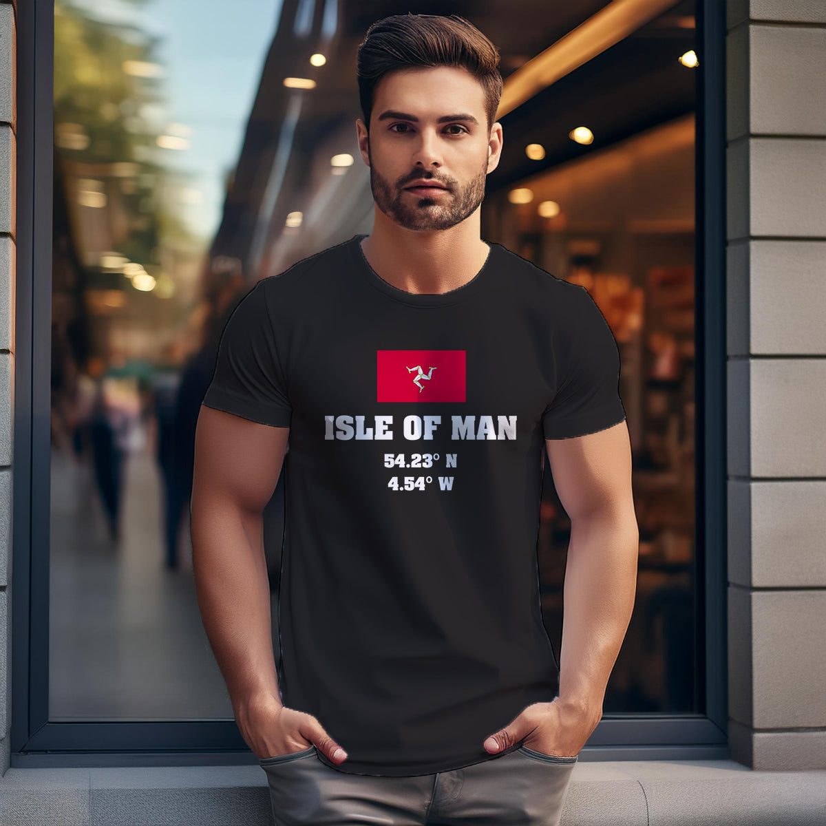 Isle of Man Latitude Longitude (Black) Men Unisex T-Shirt | Latitude & Longitude Graphic