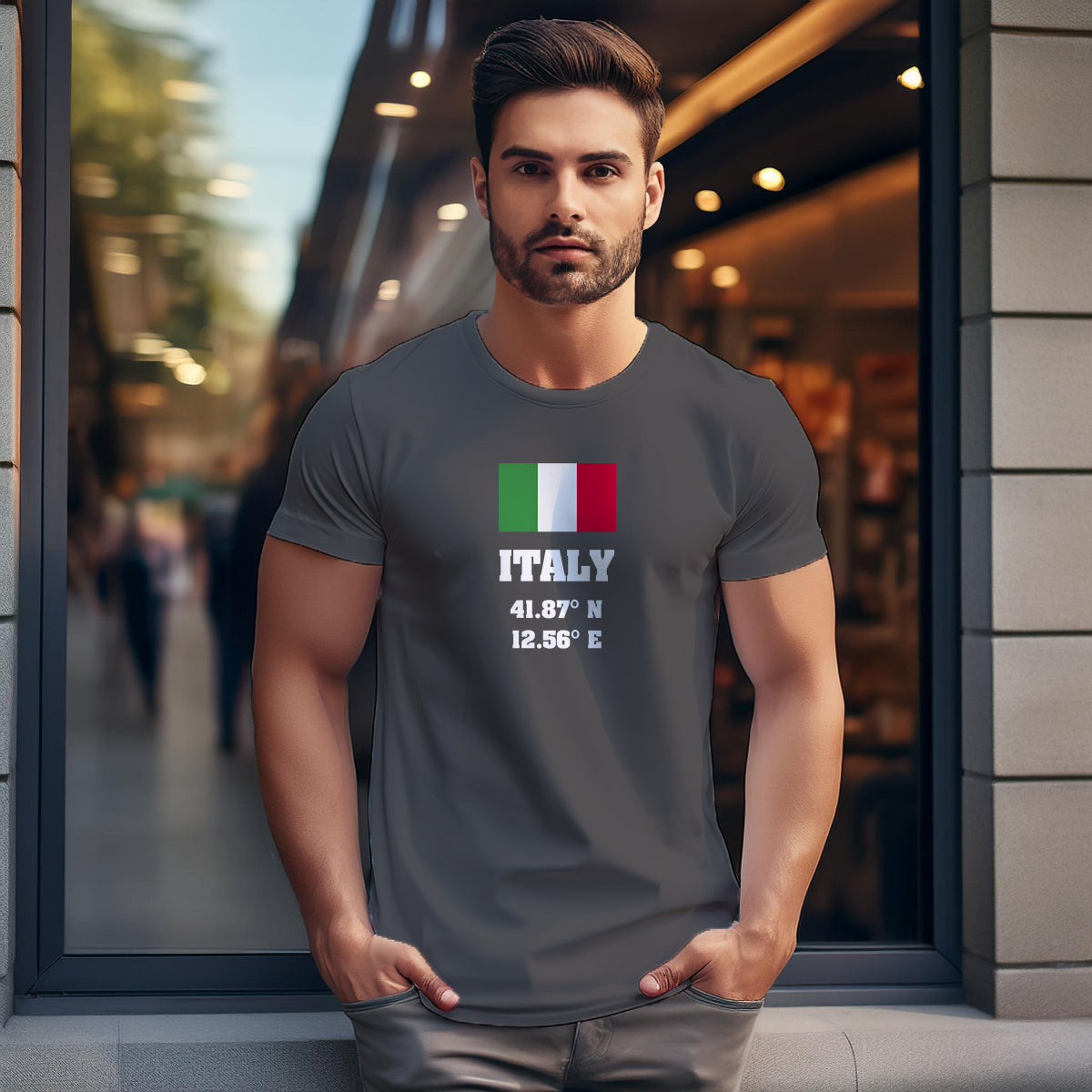 Italy Latitude Longitude (Charcoal Grey) Men Unisex T-Shirt | Latitude & Longitude Graphic