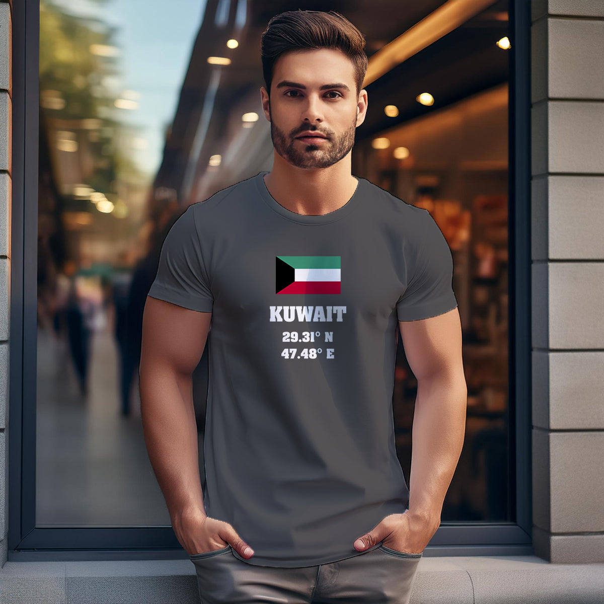 Kuwait Latitude Longitude (Charcoal Grey) Men Unisex T-Shirt | Latitude & Longitude Graphic