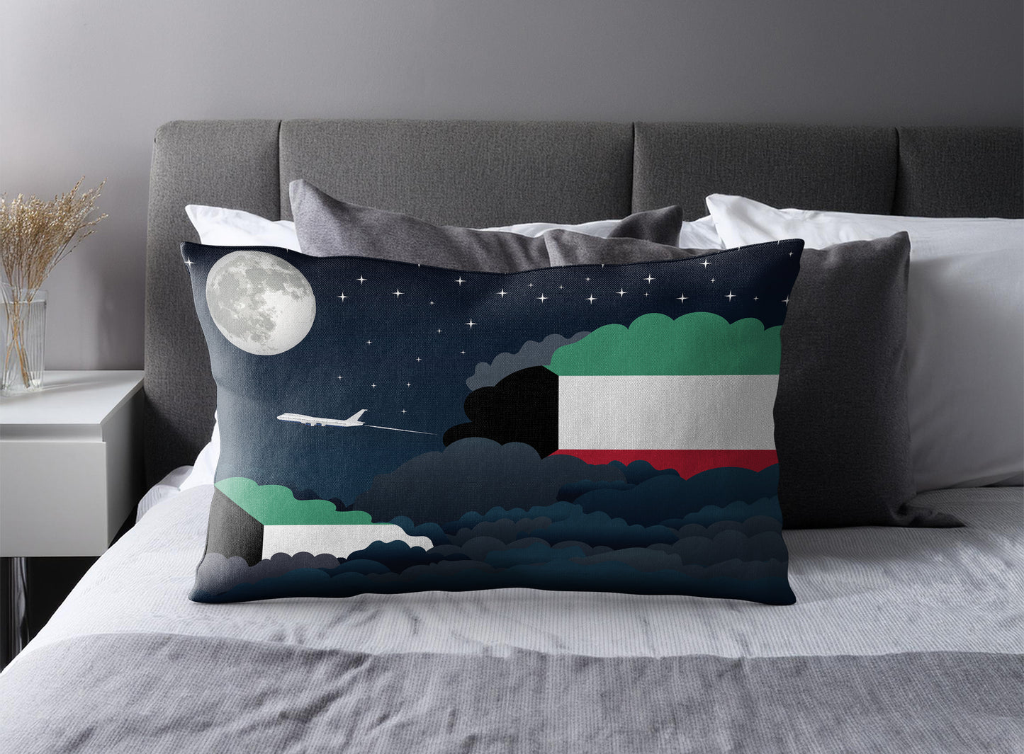 Kuwait World Airplane Night Clouds Square & Rectangle Pillow Cases | Aviation Night Sky Pillow Covers