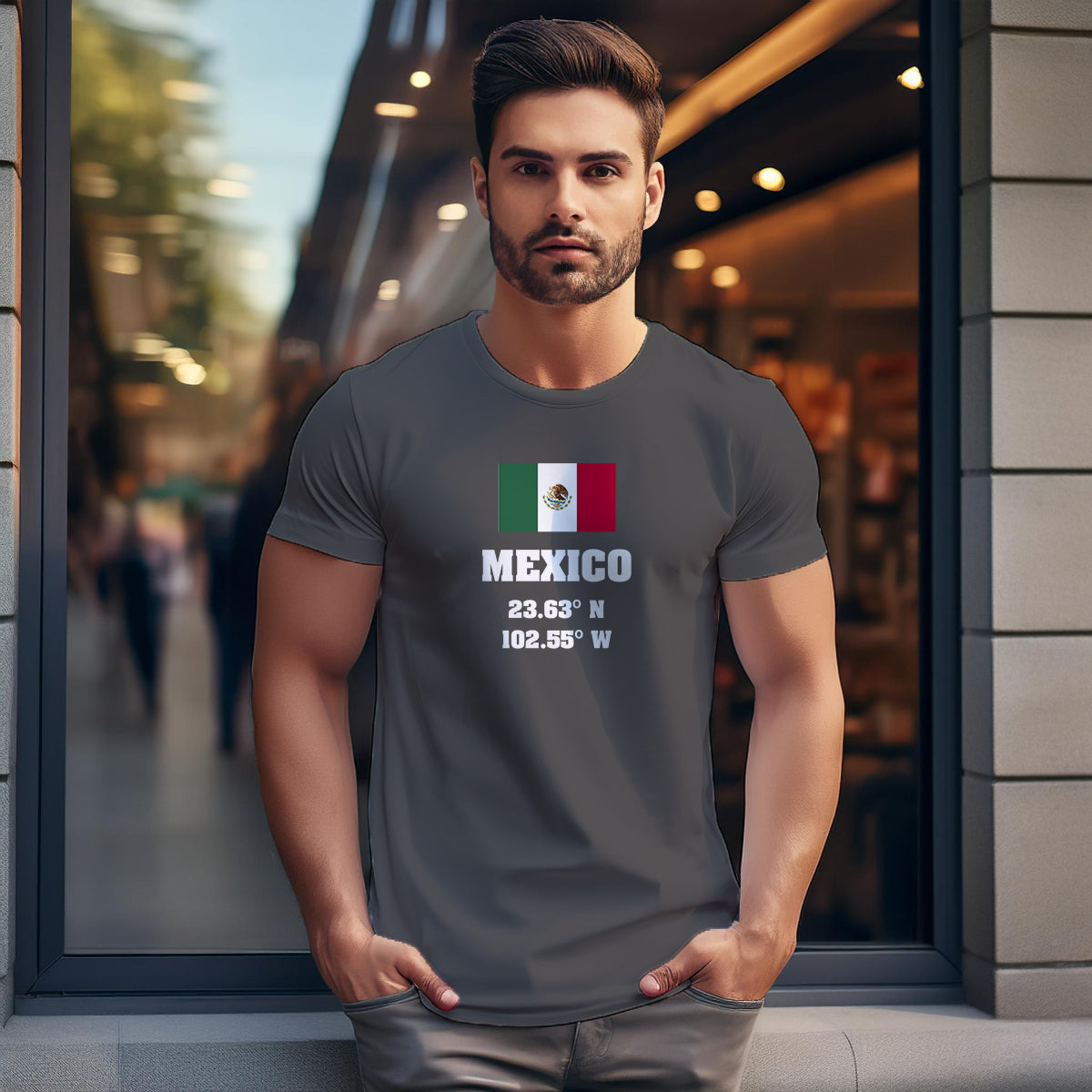 Mexico Latitude Longitude (Charcoal Grey) Men Unisex T-Shirt | Latitude & Longitude Graphic