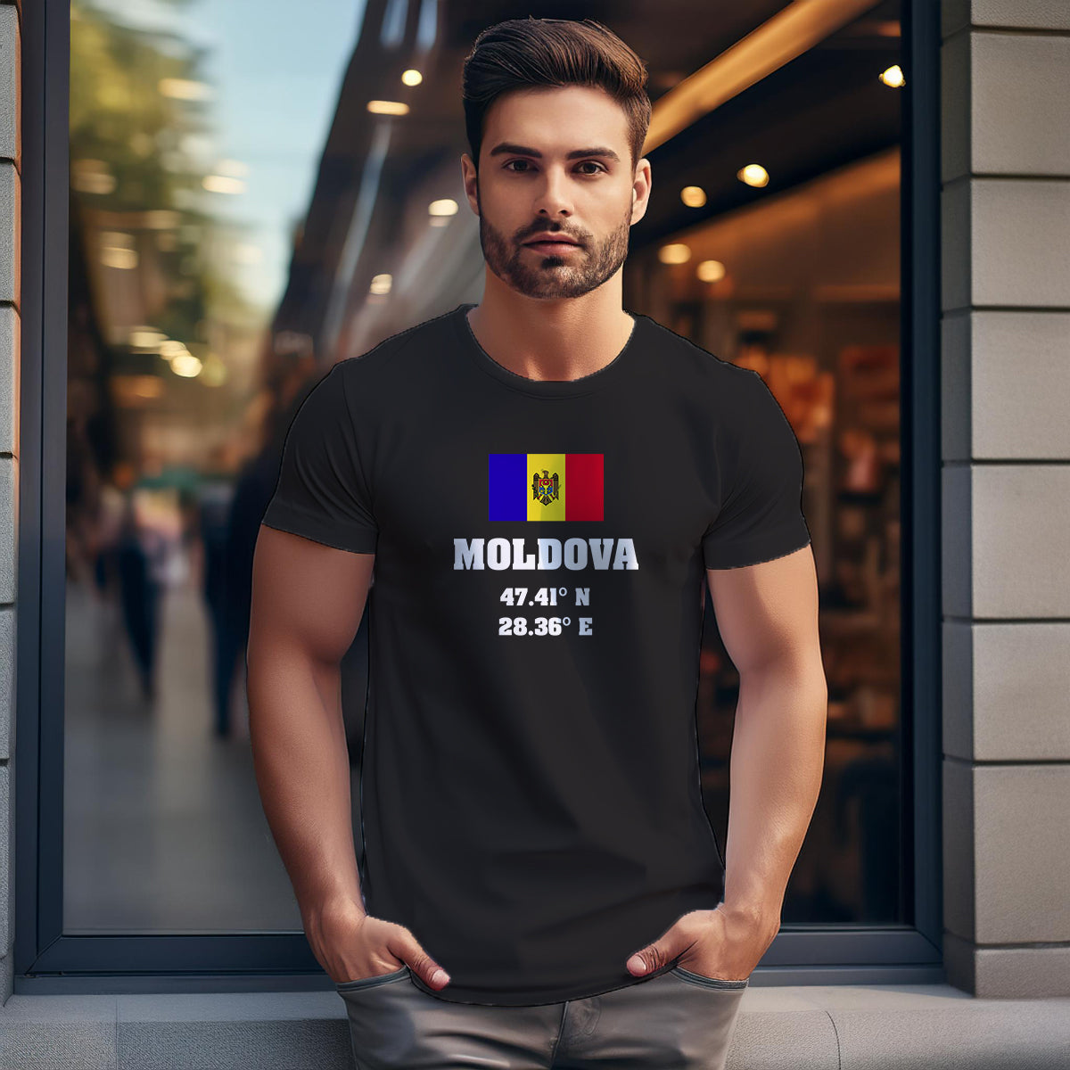 Moldova Latitude Longitude (Black) Men Unisex T-Shirt | Latitude & Longitude Graphic