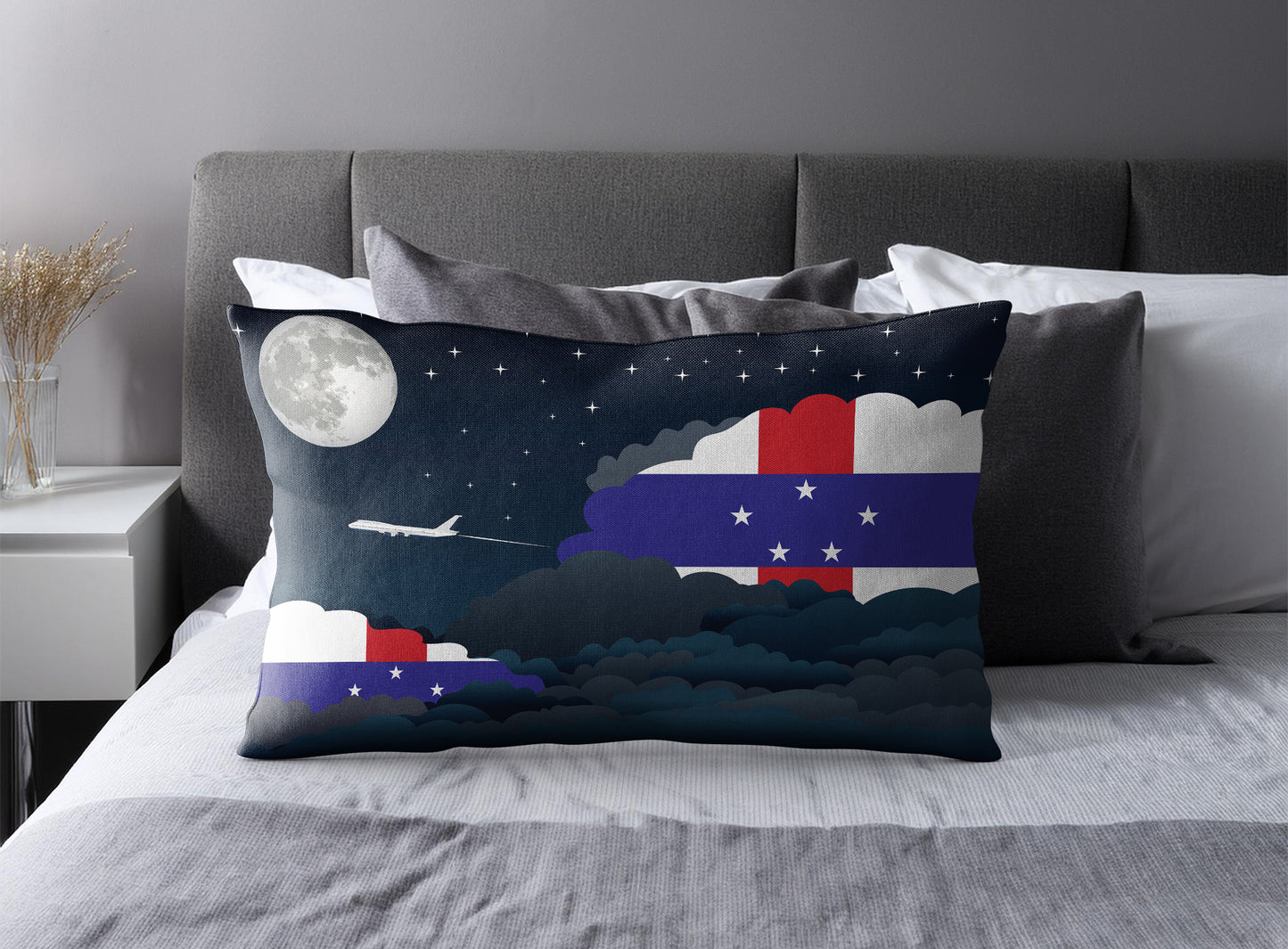 Netherlands Antilles World Airplane Night Clouds Square & Rectangle Pillow Cases | Aviation Night Sky Pillow Covers