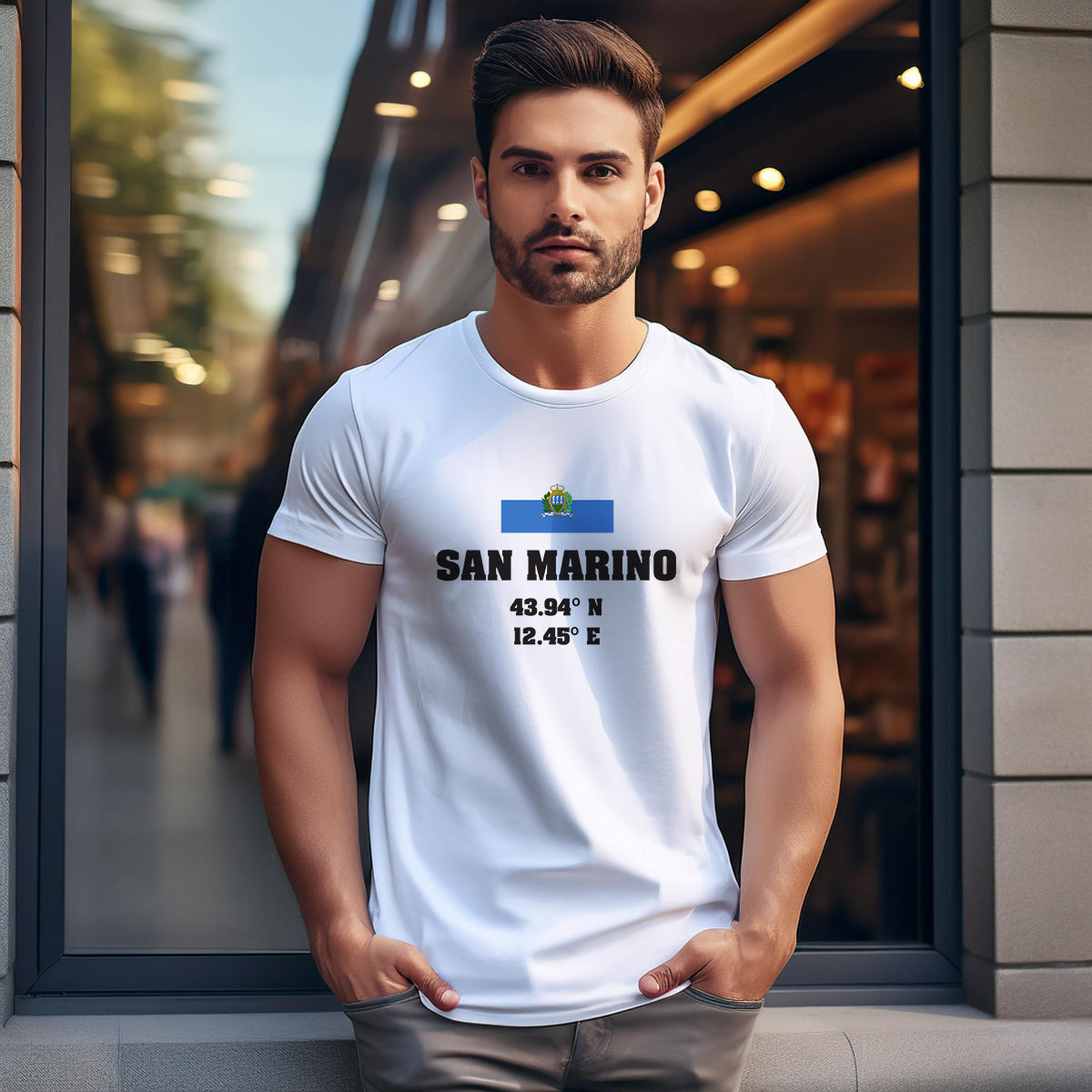 San Marino Latitude Longitude (White) Men Unisex T-Shirt | Latitude & Longitude Graphic