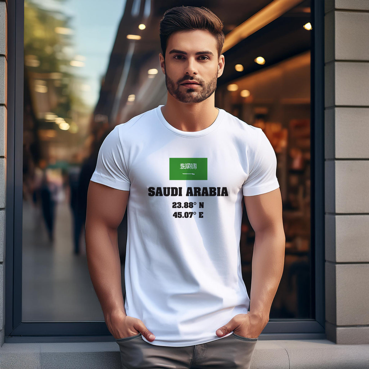 Saudi Arabia Latitude Longitude (White) Men Unisex T-Shirt | Latitude & Longitude Graphic