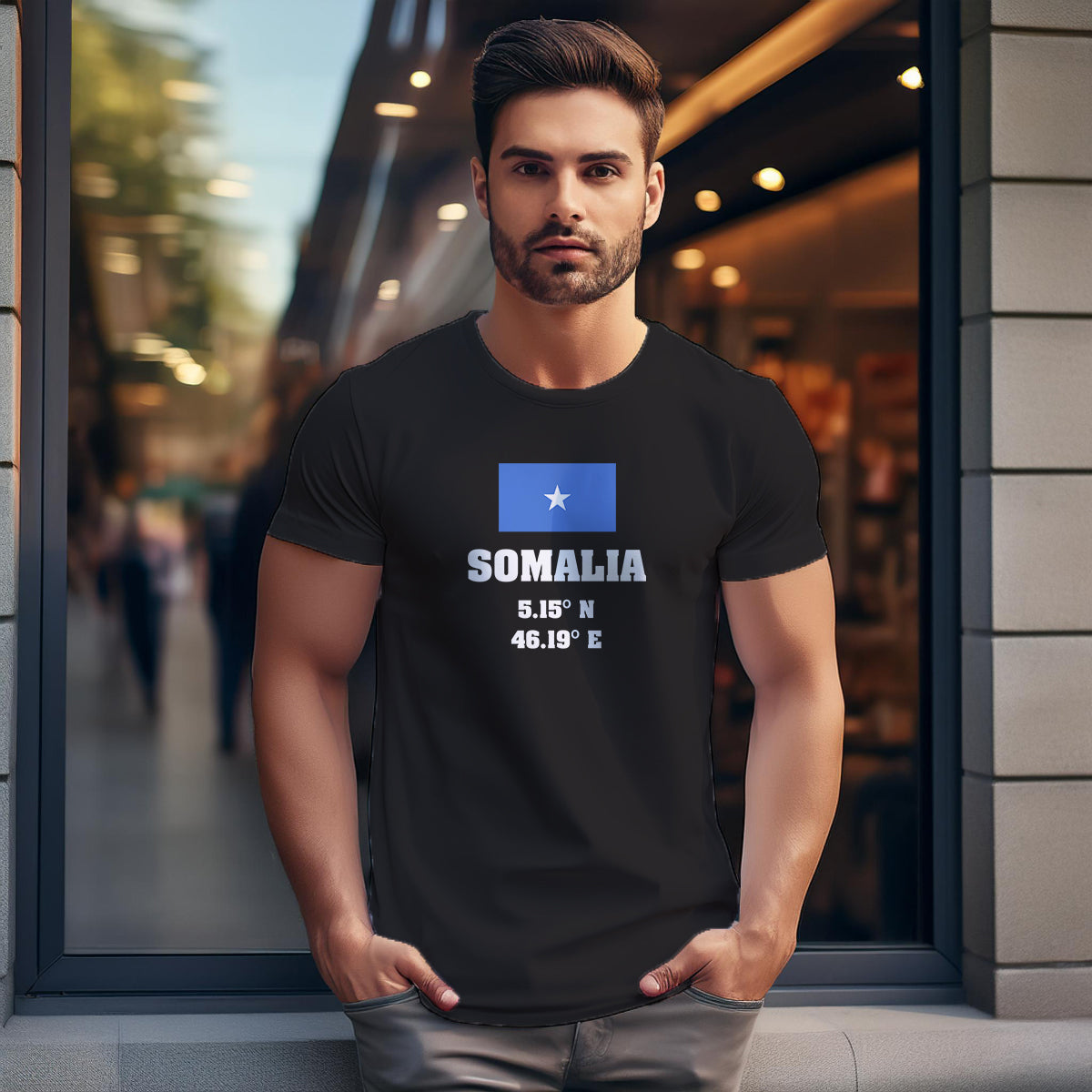 Somalia Latitude Longitude (Black) Men Unisex T-Shirt | Latitude & Longitude Graphic
