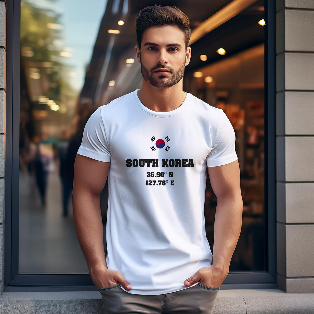 South Korea Latitude Longitude (White) Men Unisex T-Shirt | Latitude & Longitude Graphic