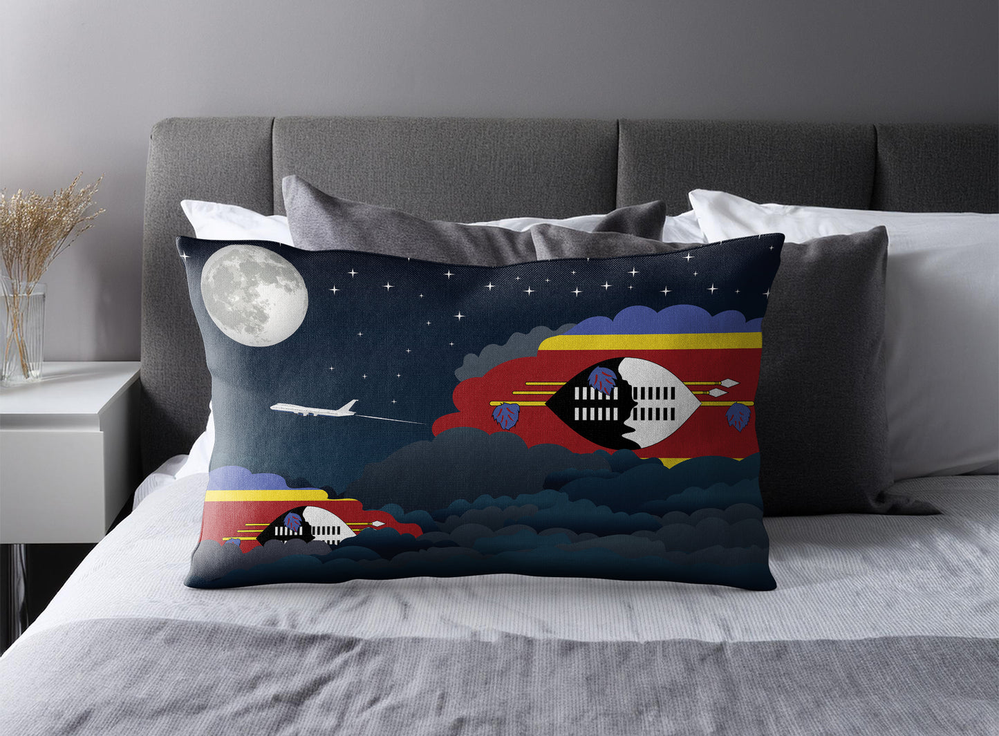 Swaziland World Airplane Night Clouds Square & Rectangle Pillow Cases | Aviation Night Sky Pillow Covers