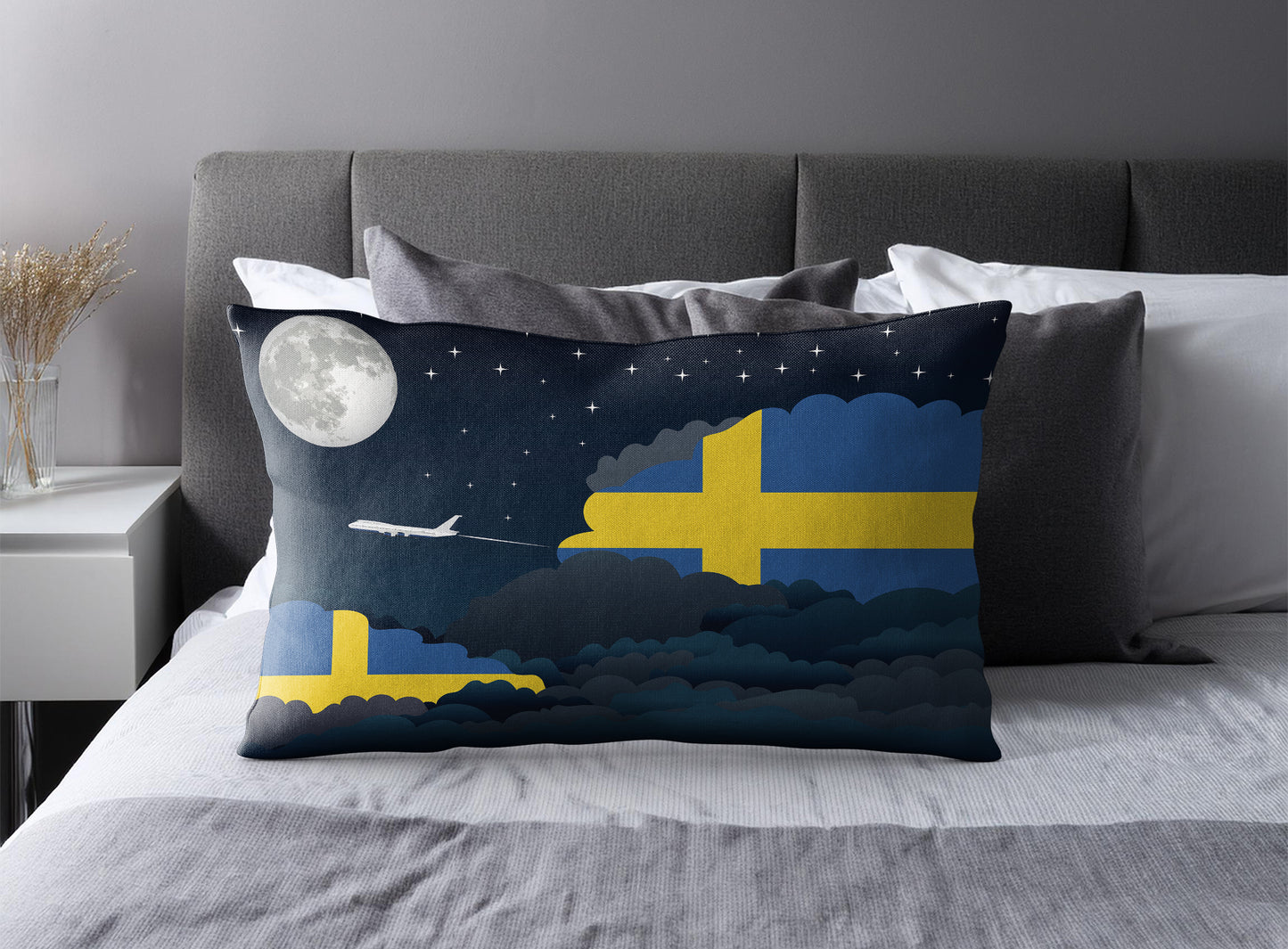 Sweden World Airplane Night Clouds Square & Rectangle Pillow Cases | Aviation Night Sky Pillow Covers