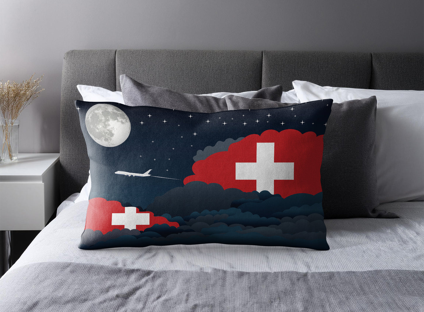 Switzerland World Airplane Night Clouds Square & Rectangle Pillow Cases | Aviation Night Sky Pillow Covers