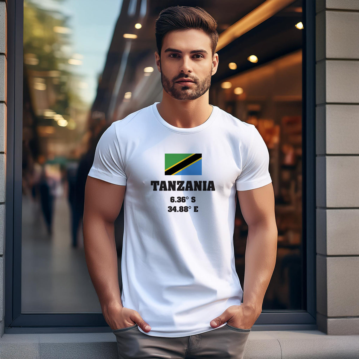 Tanzania Latitude Longitude (White) Men Unisex T-Shirt | Latitude & Longitude Graphic
