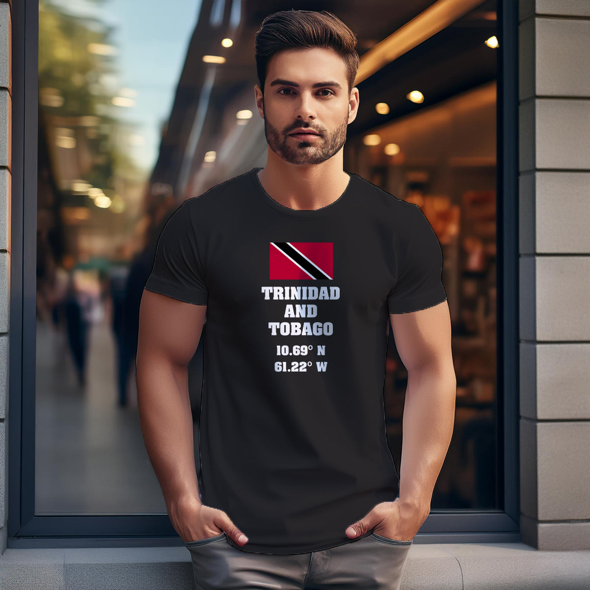 Trinidad and Tobago Latitude Longitude (Black) Men Unisex T-Shirt | Latitude & Longitude Graphic