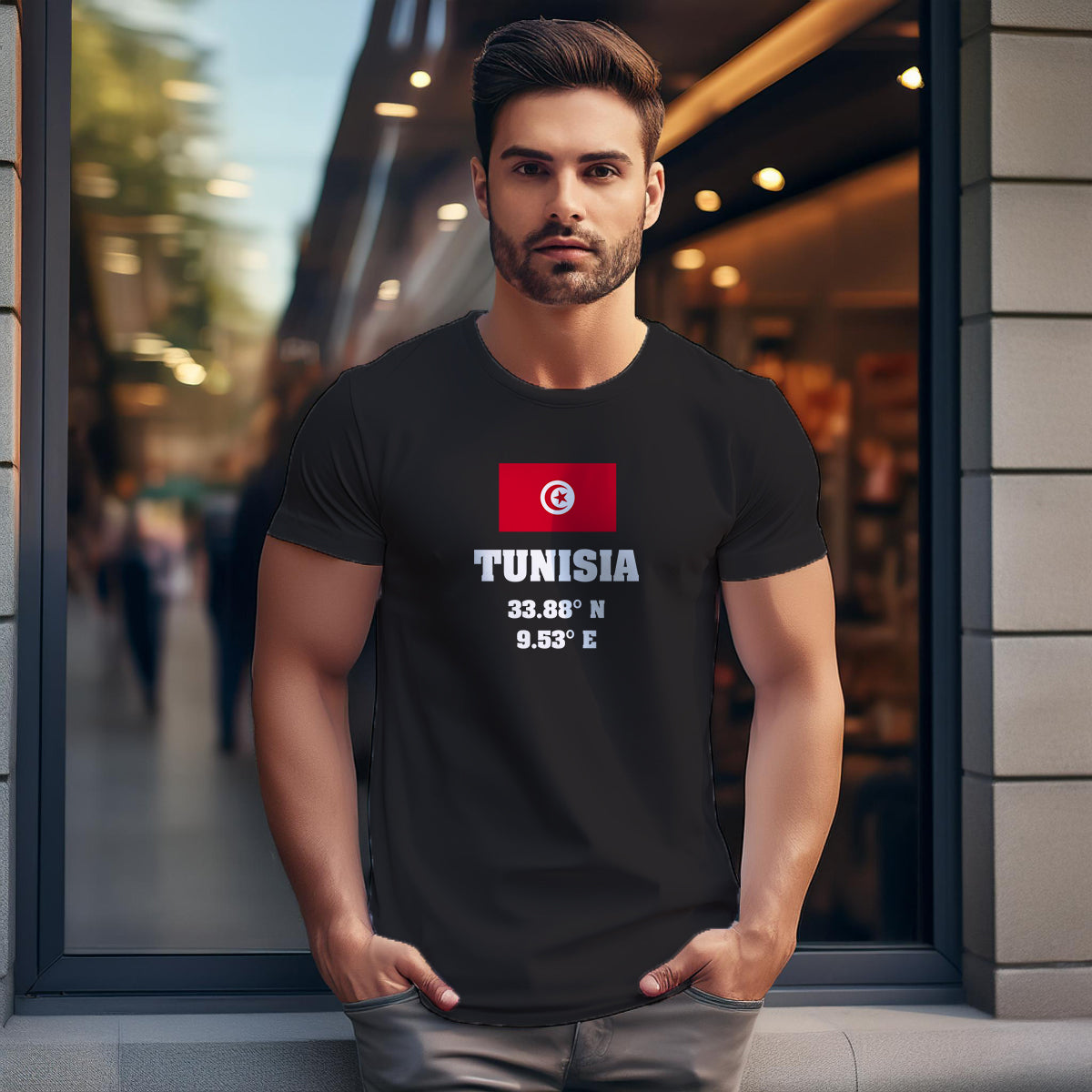 Tunisia Latitude Longitude (Black) Men Unisex T-Shirt | Latitude & Longitude Graphic