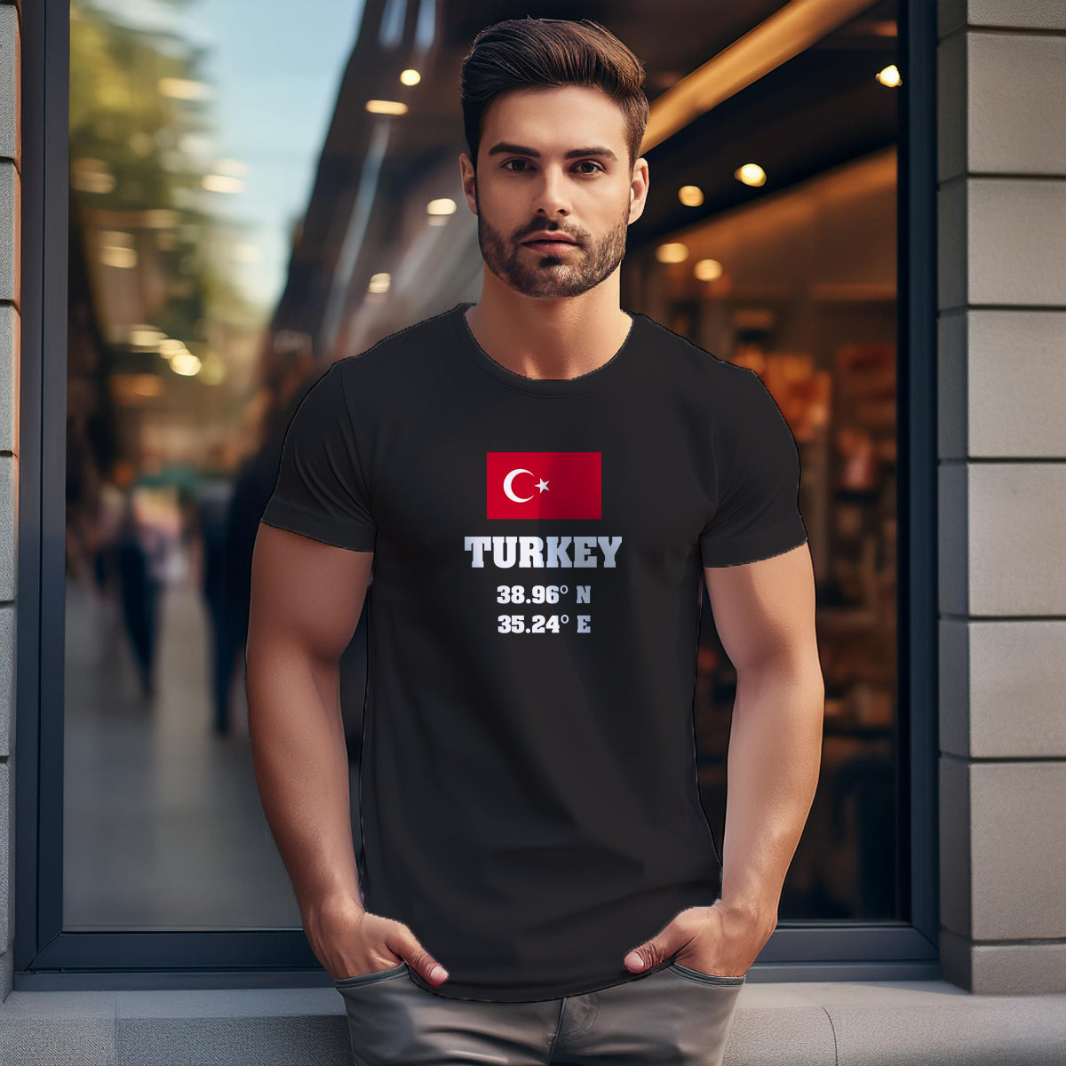 Turkey Latitude Longitude (Black) Men Unisex T-Shirt | Latitude & Longitude Graphic