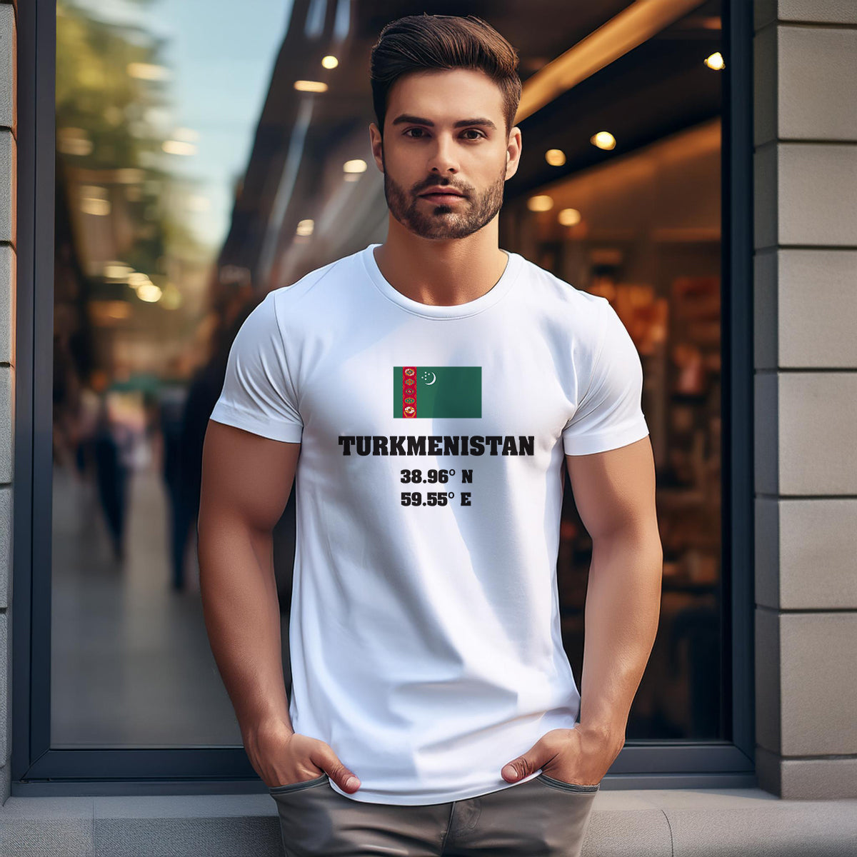 Turkmenistan Latitude Longitude (White) Men Unisex T-Shirt | Latitude & Longitude Graphic