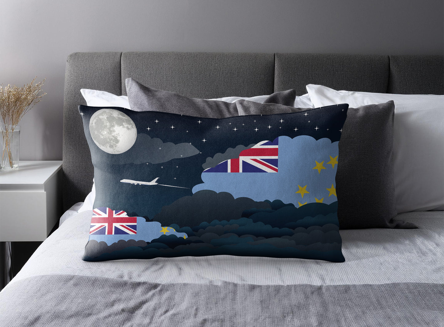Tuvalu World Airplane Night Clouds Square & Rectangle Pillow Cases | Aviation Night Sky Pillow Covers