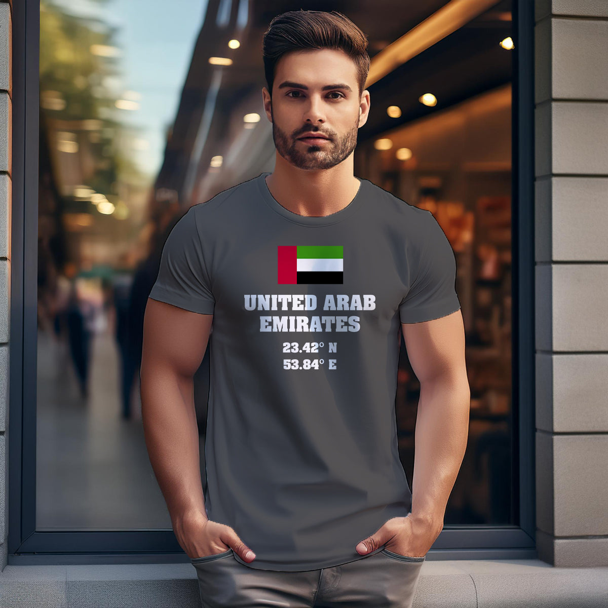 UAE Latitude Longitude (Charcoal Grey) Men Unisex T-Shirt | Latitude & Longitude Graphic