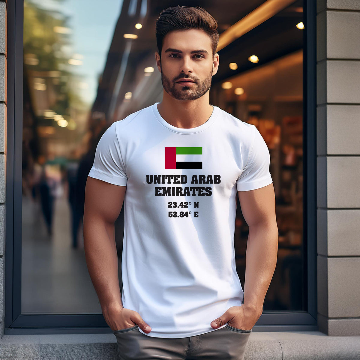 UAE Latitude Longitude (White) Men Unisex T-Shirt | Latitude & Longitude Graphic