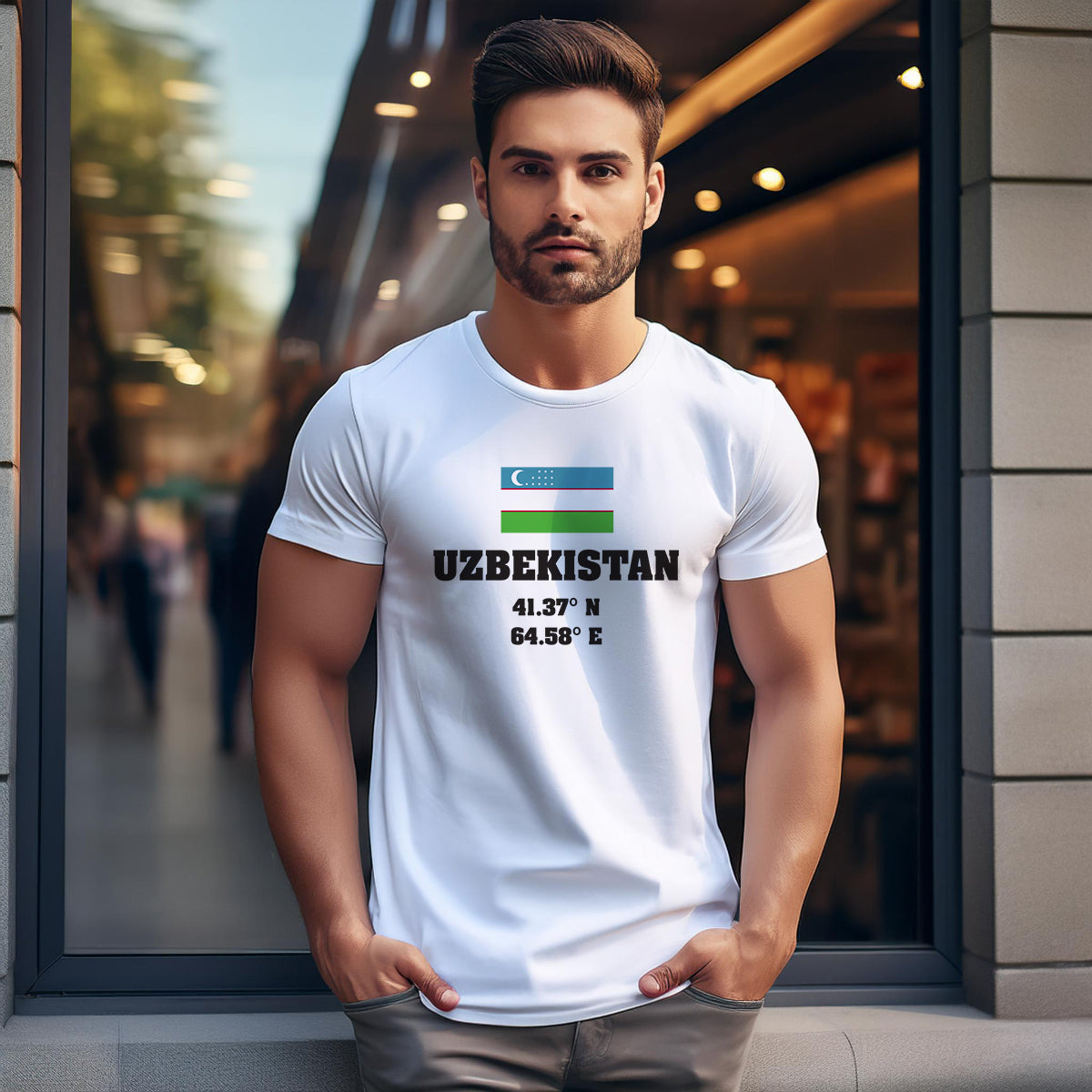 Uzbekistan Latitude Longitude (White) Men Unisex T-Shirt | Latitude & Longitude Graphic