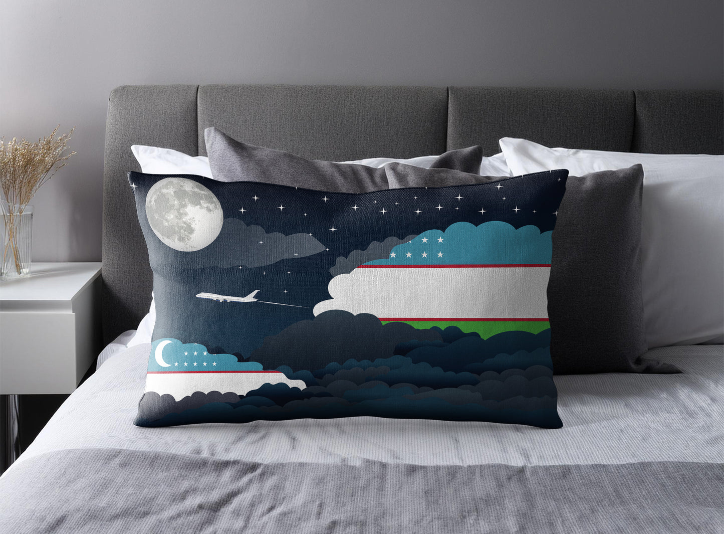 Uzbekistan World Airplane Night Clouds Square & Rectangle Pillow Cases | Aviation Night Sky Pillow Covers
