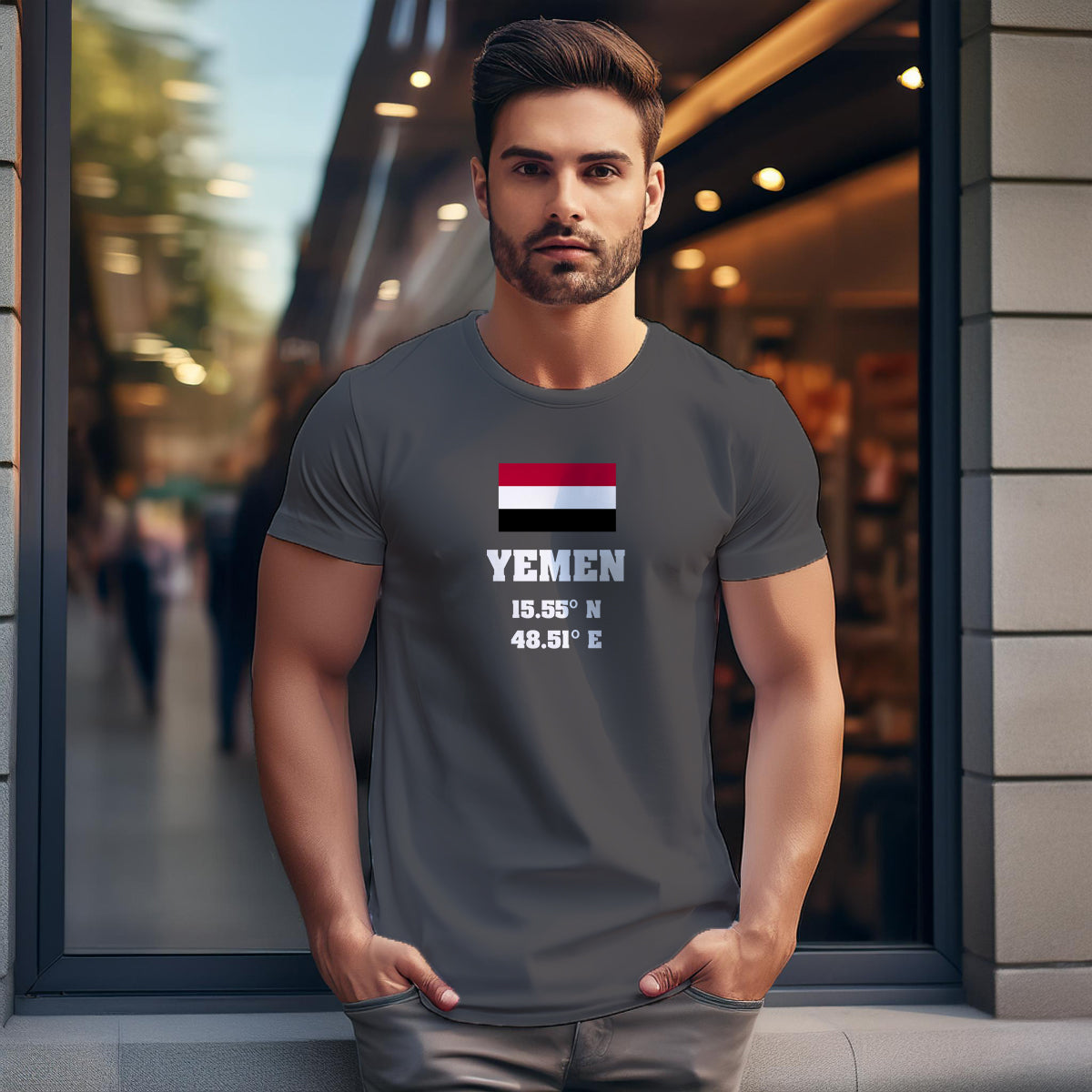 Yemen Latitude Longitude (Charcoal Grey) Men Unisex T-Shirt | Latitude & Longitude Graphic