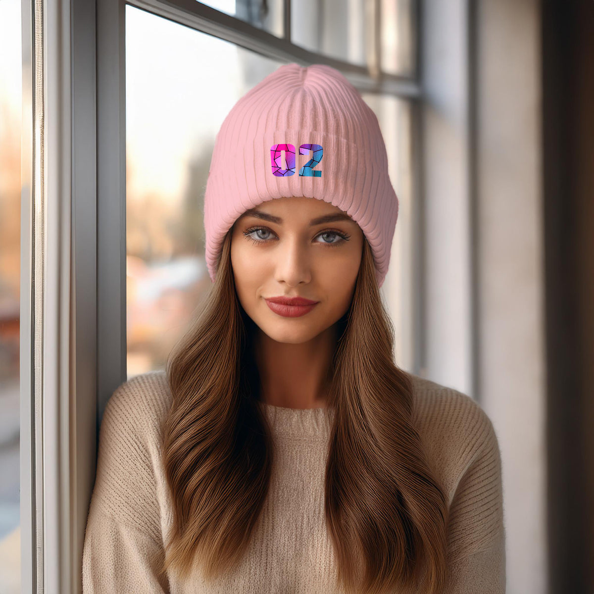 02 Number Cuffed Beanie (Baby Pink)