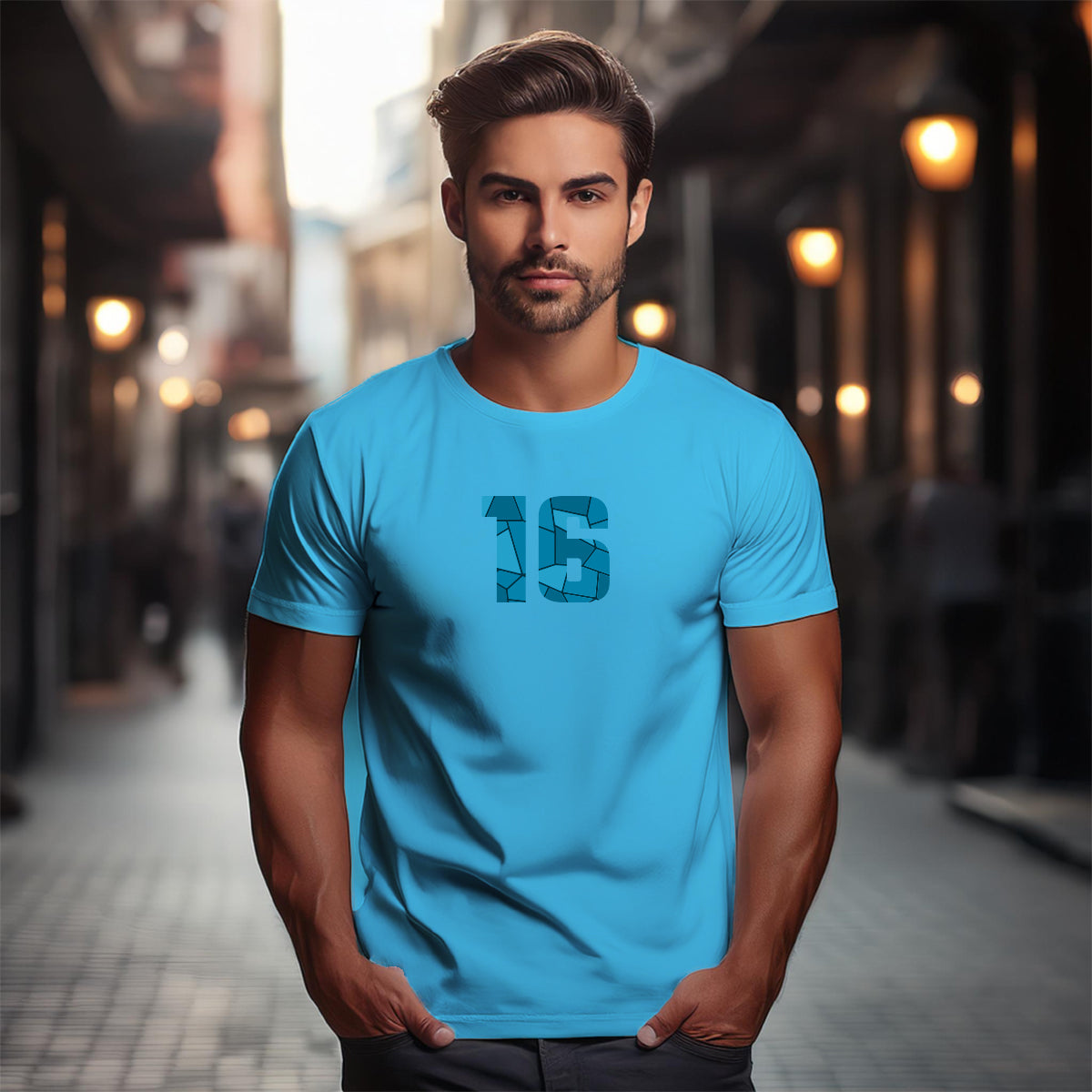 16 Number Men Unisex T-Shirt (Sky Blue)