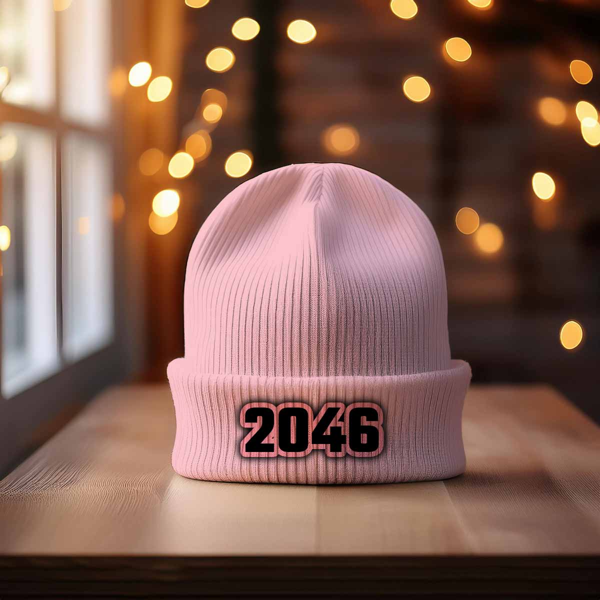 2046 Year Cuffed Beanie (Baby Pink)