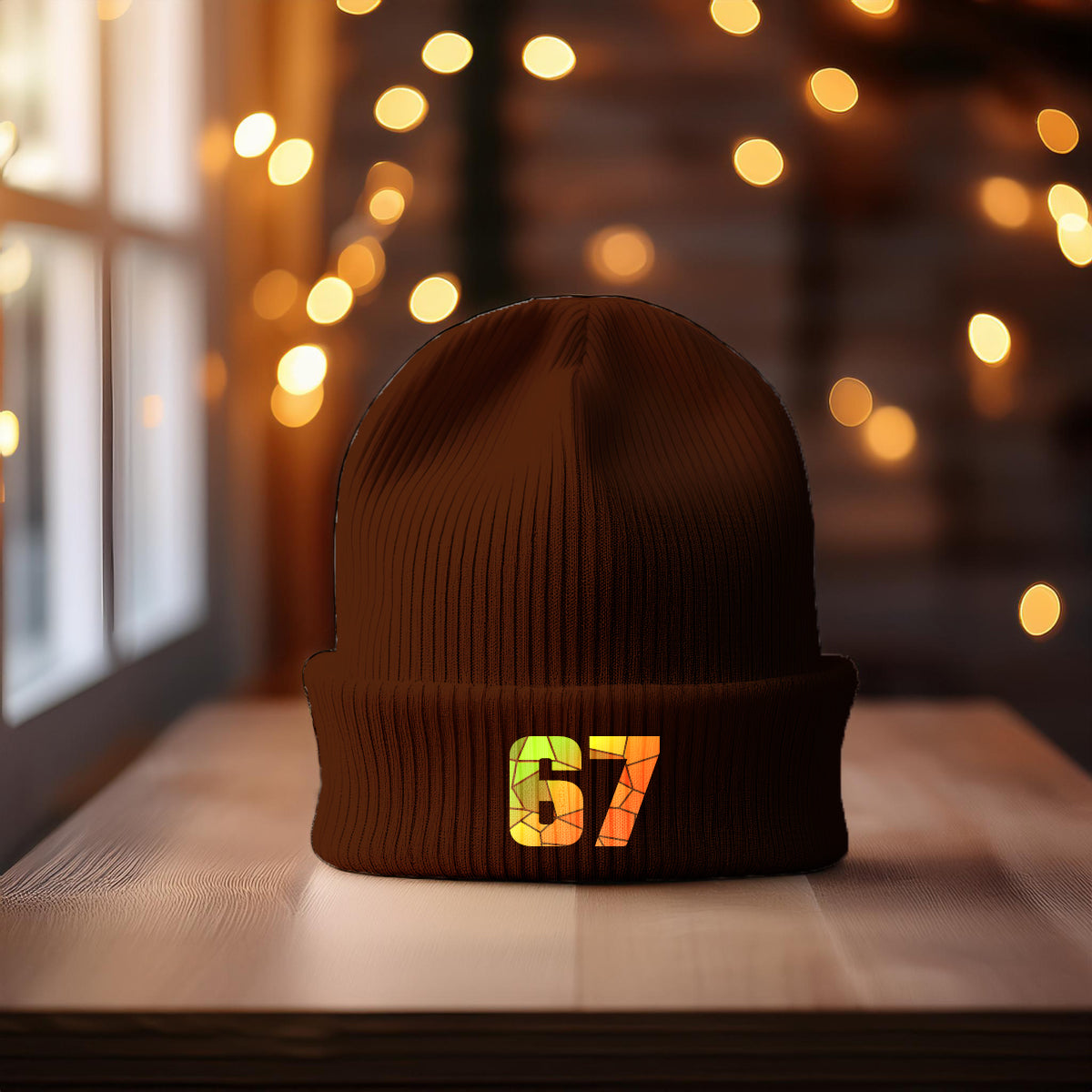 67 Number Cuffed Beanie (Brown)