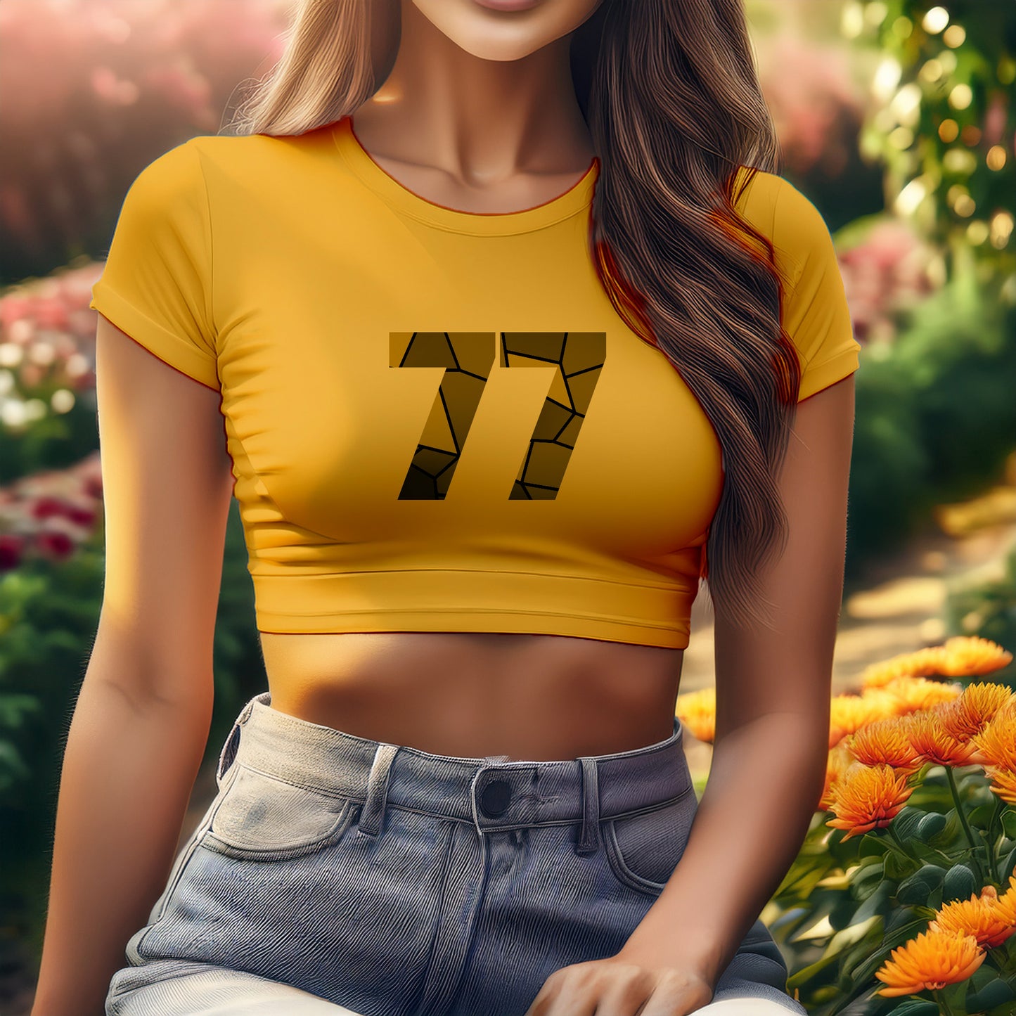 77 Number Women Crop Top (Golden Yellow)