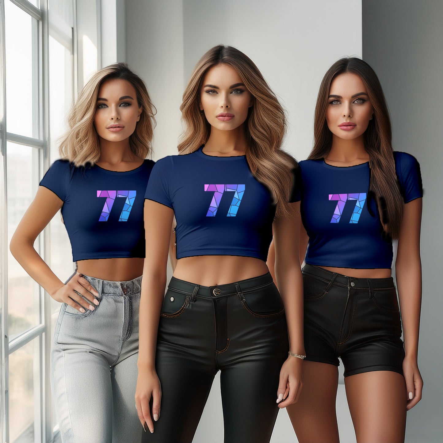 77 Number Women Crop Top (Navy Blue)