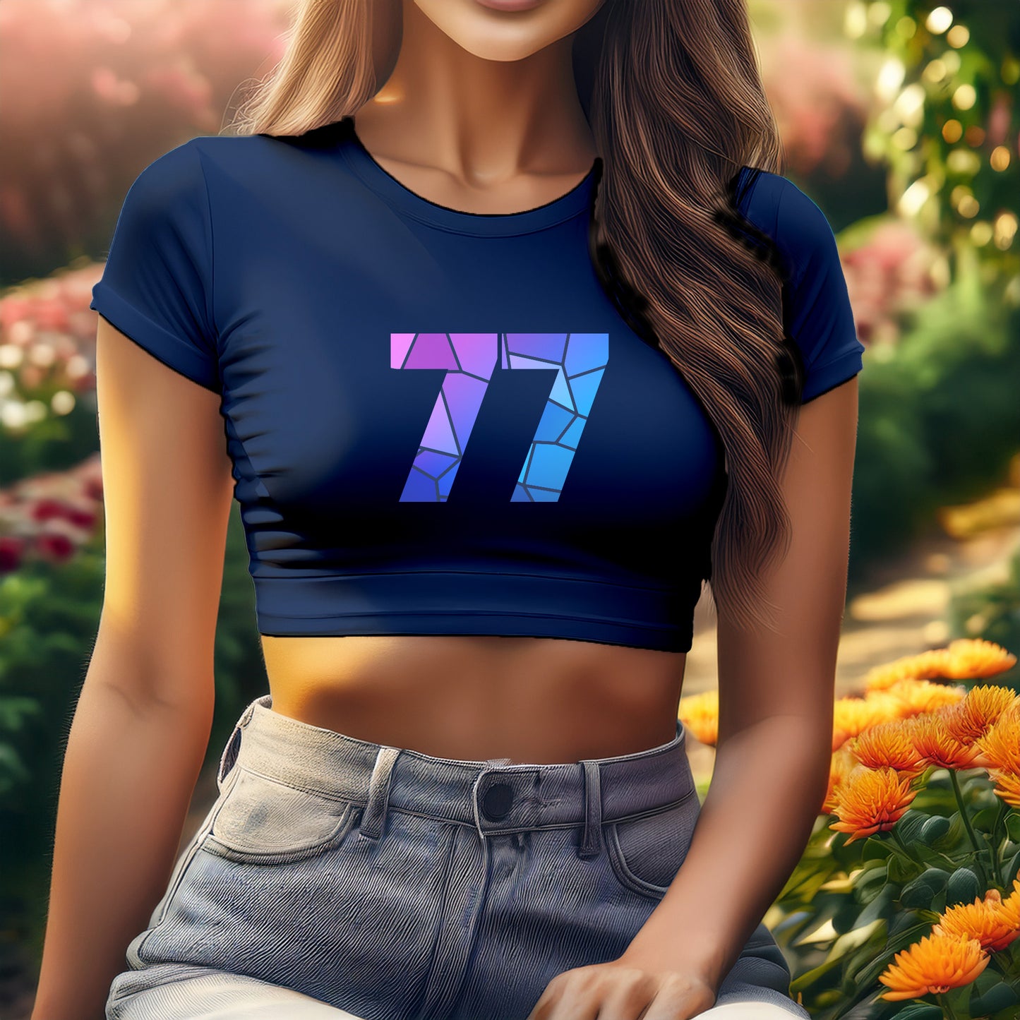 77 Number Women Crop Top (Navy Blue)