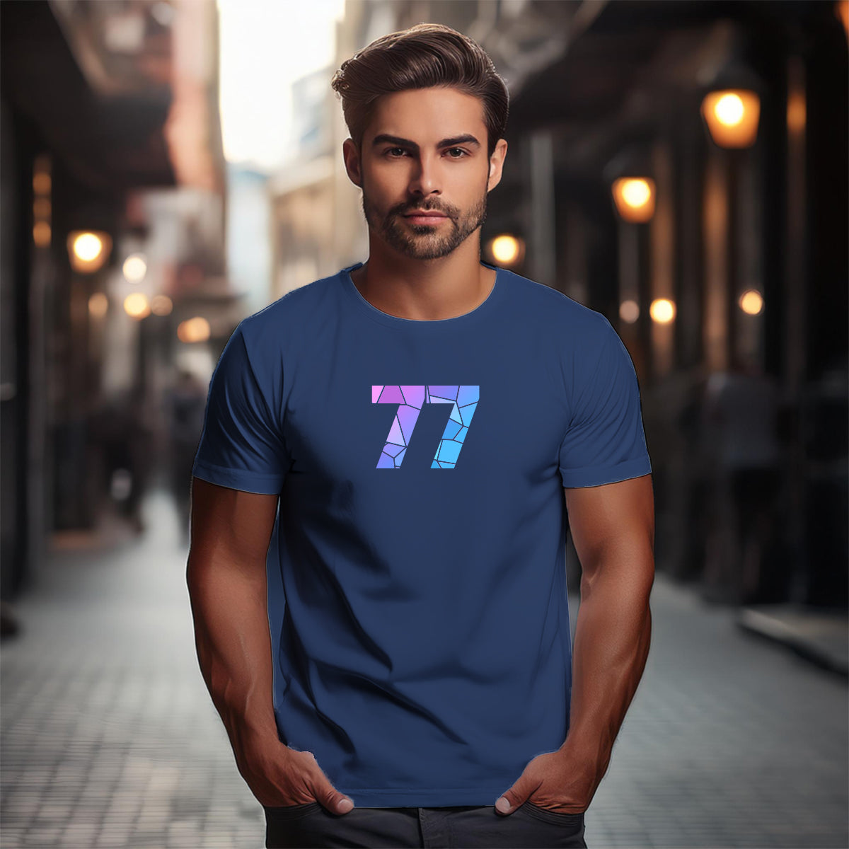 77 Number Men Unisex T-Shirt (Navy Blue)