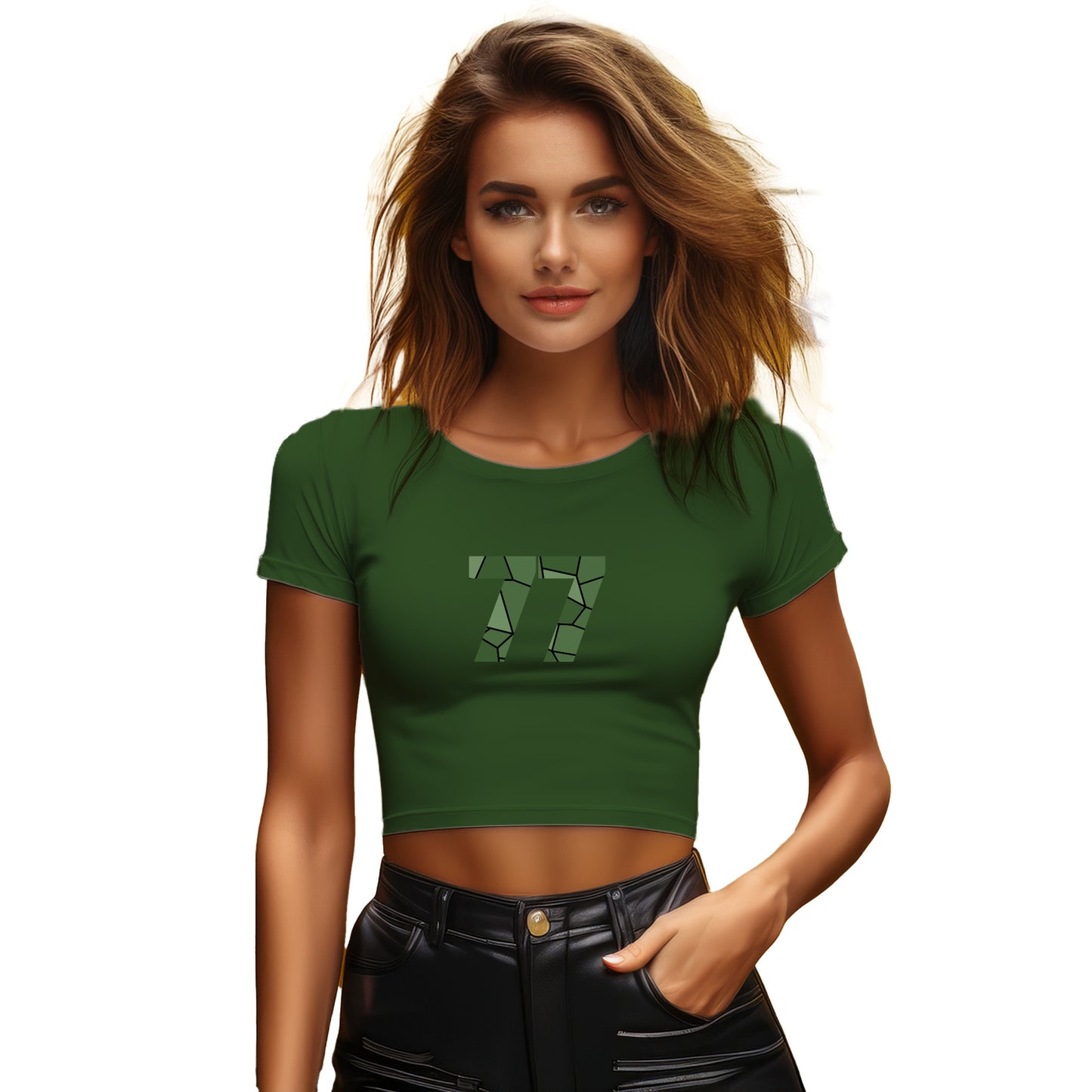 77 Number Women Crop Top (Olive Green)