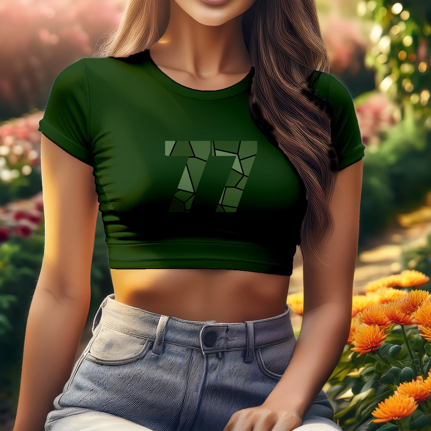 77 Number Women Crop Top (Olive Green)