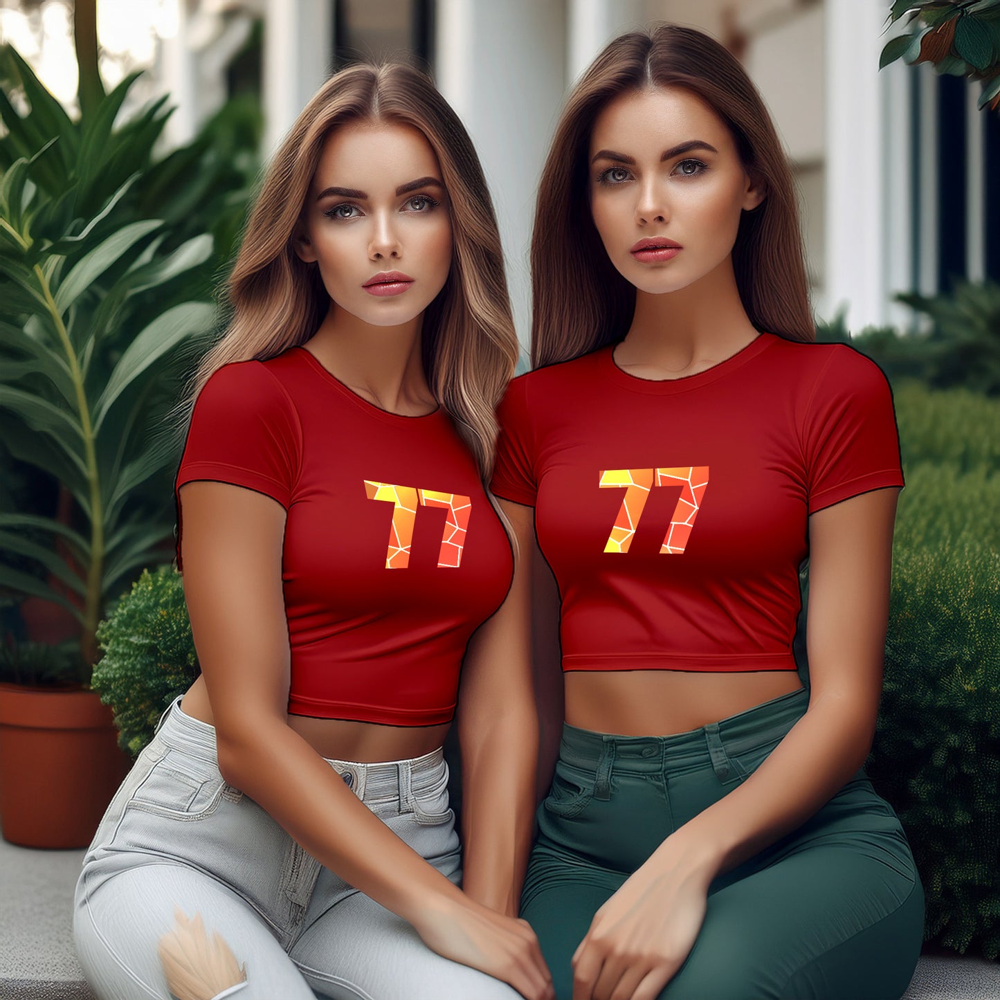 77 Number Women Crop Top (Red)