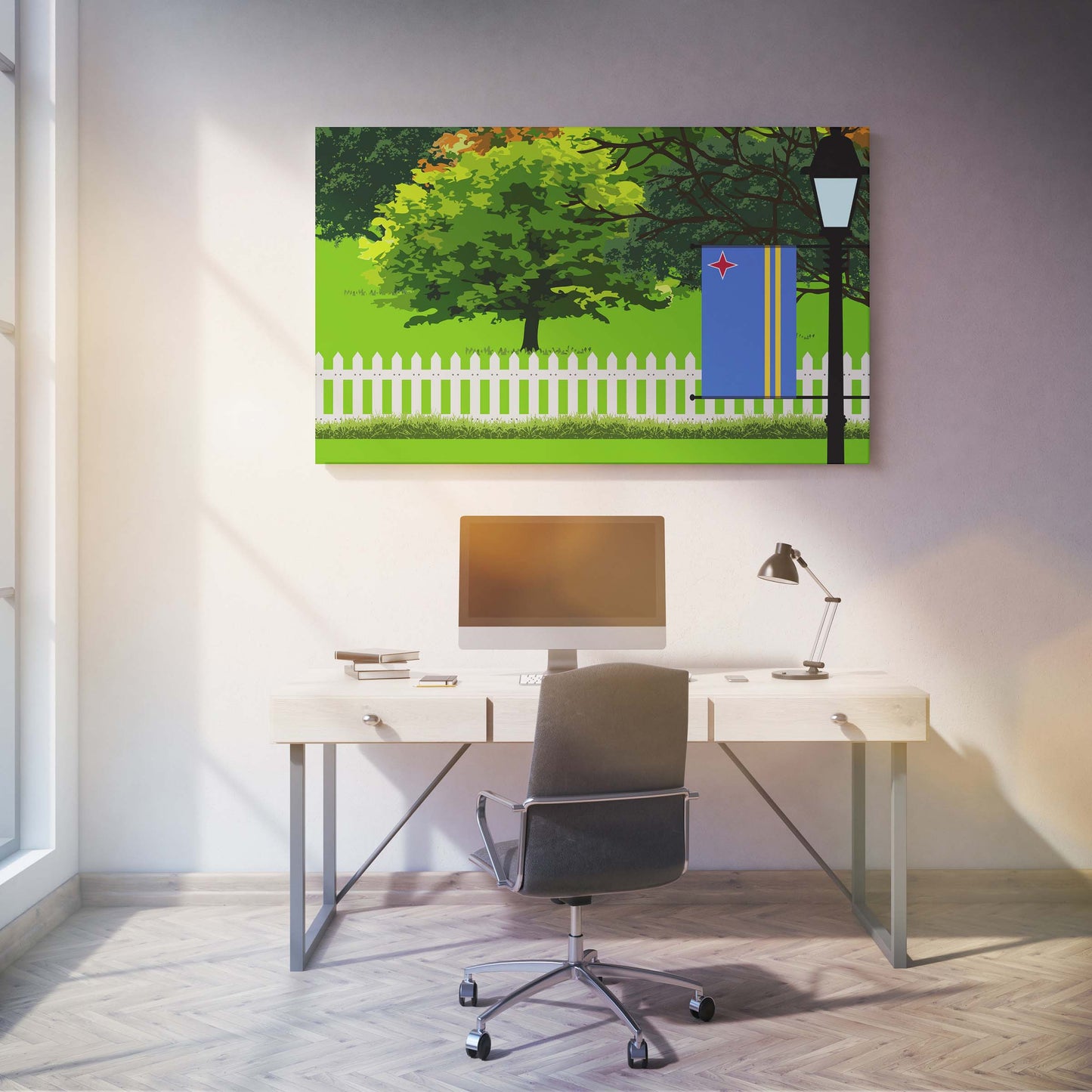 Aruba Trees Street Lamp Canvas Print Framed