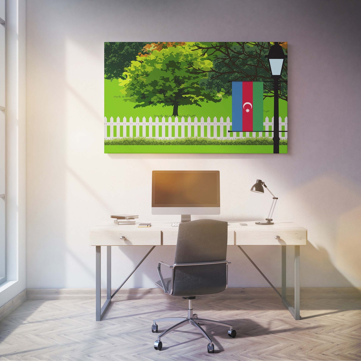 Azerbaijan Trees Street Lamp Canvas Print Framed