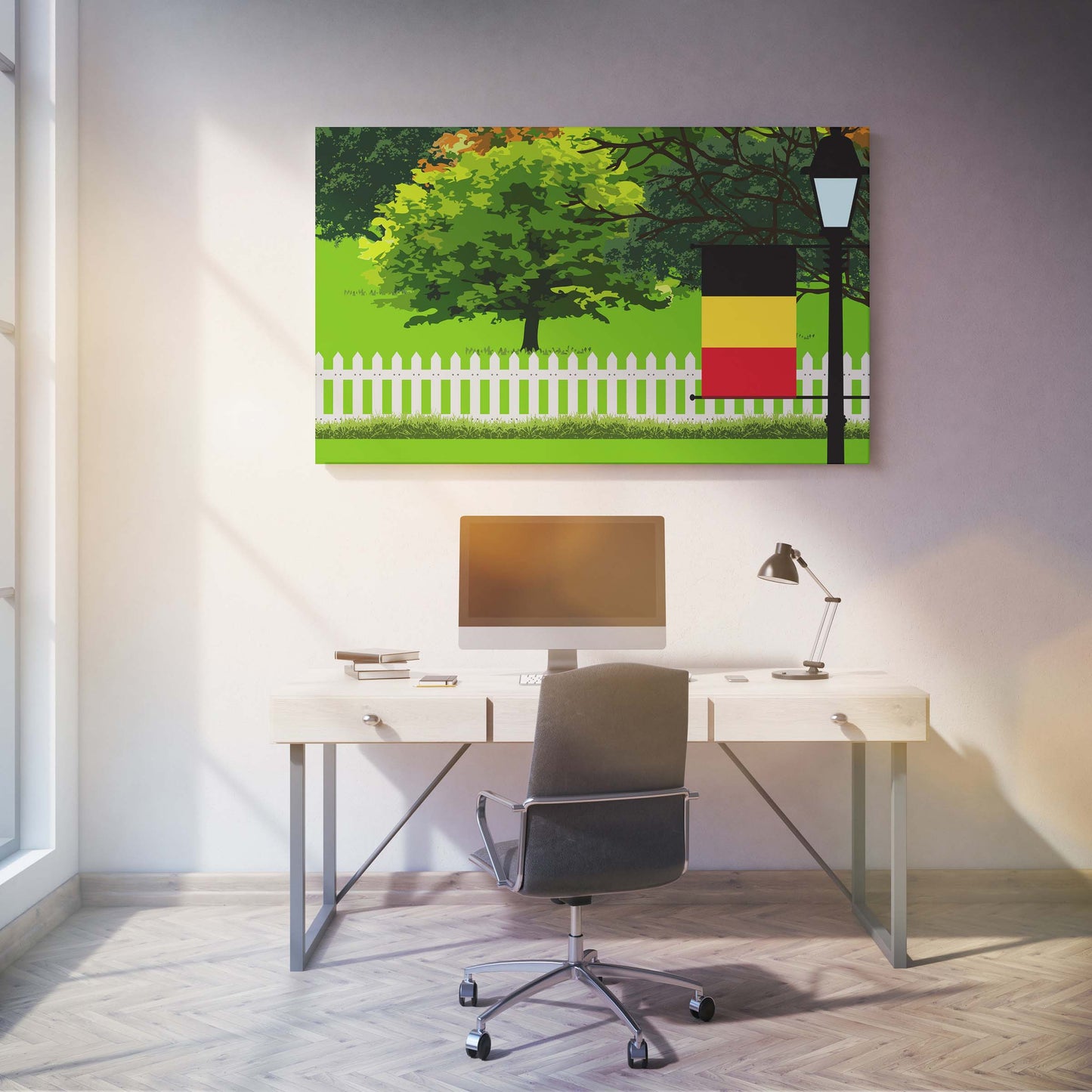 Belgium Trees Street Lamp Canvas Print Framed