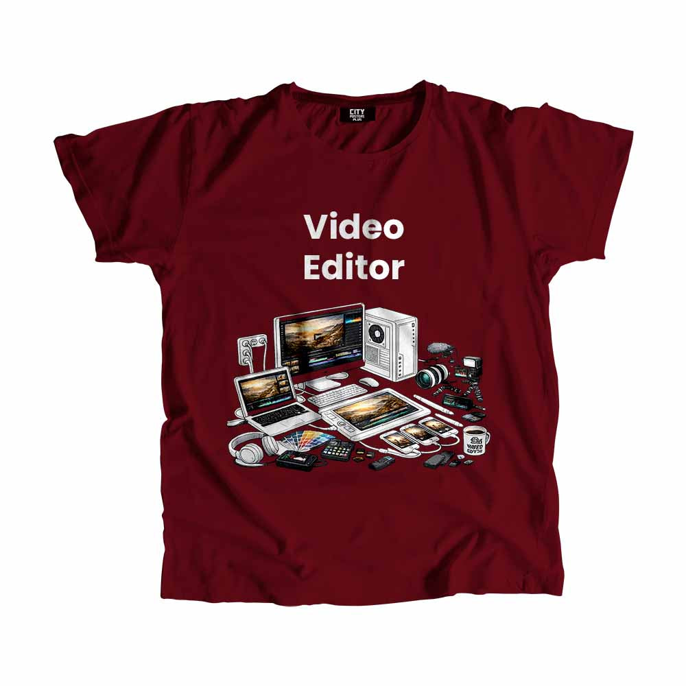Video Editor Men Unisex T-Shirt (Maroon) Technology Unisex T-Shirt | City Posters Plus