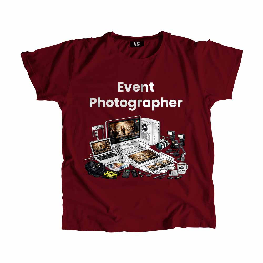 Event Photographer Men Unisex T-Shirt (Maroon) Technology Unisex T-Shirt | City Posters Plus